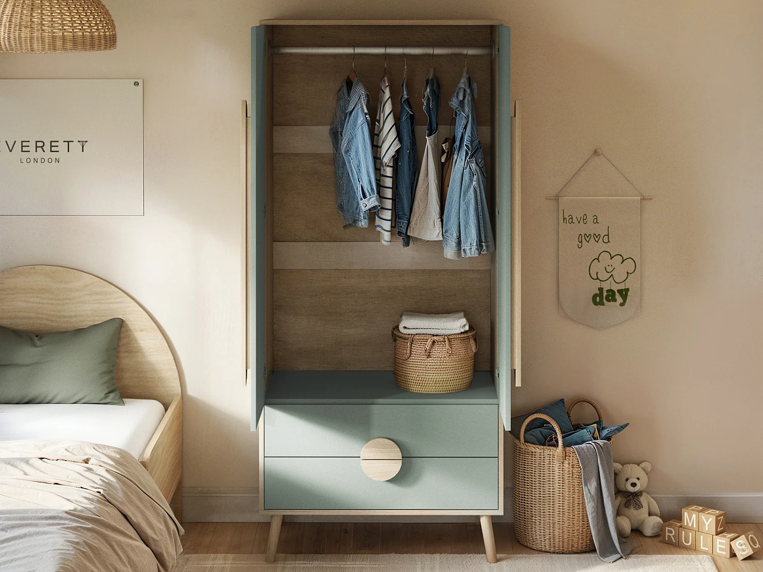 Flair Noah 2 Door Wardrobe with 2 Drawers Oak & Green