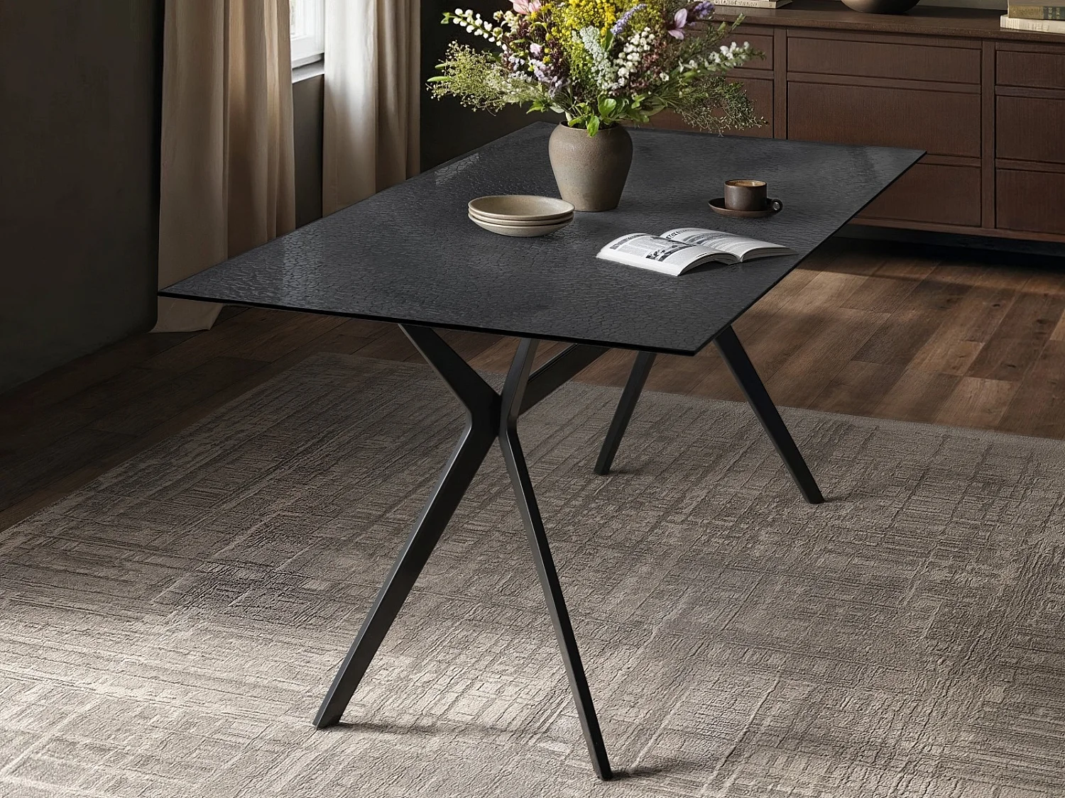 SOLACE+CO Emil Rectangular Glass Dining Table Black