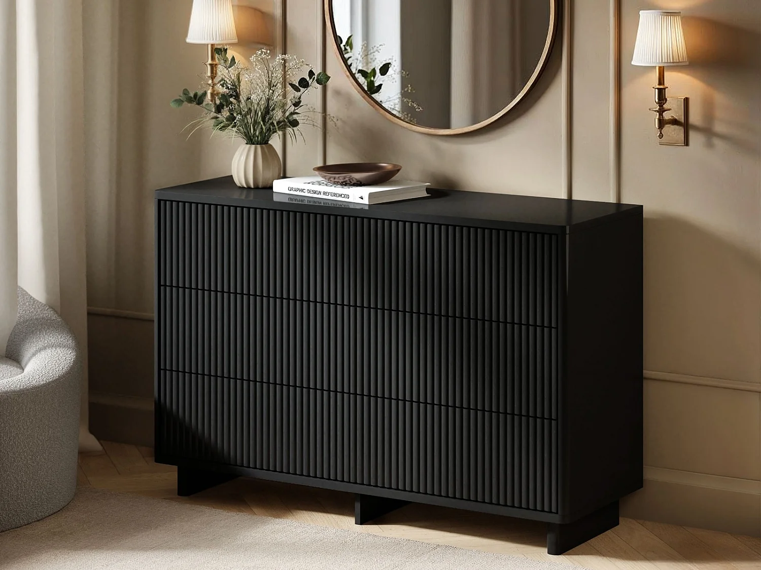 SOLACE+CO Velmor Ribbed Chest of 6 Drawers Black