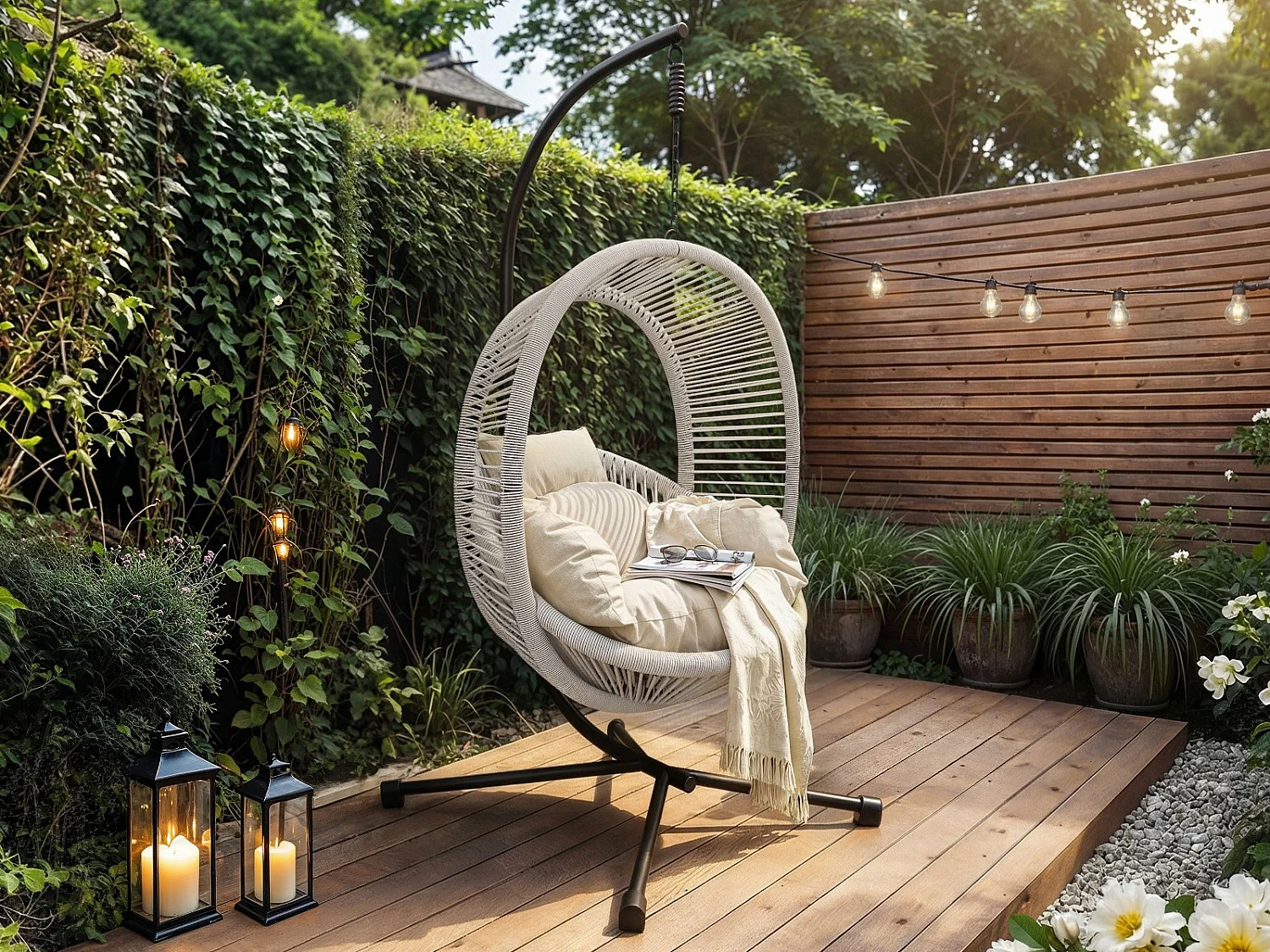 SOLACE+CO Lana Garden Swing Chair Light Grey Rattan