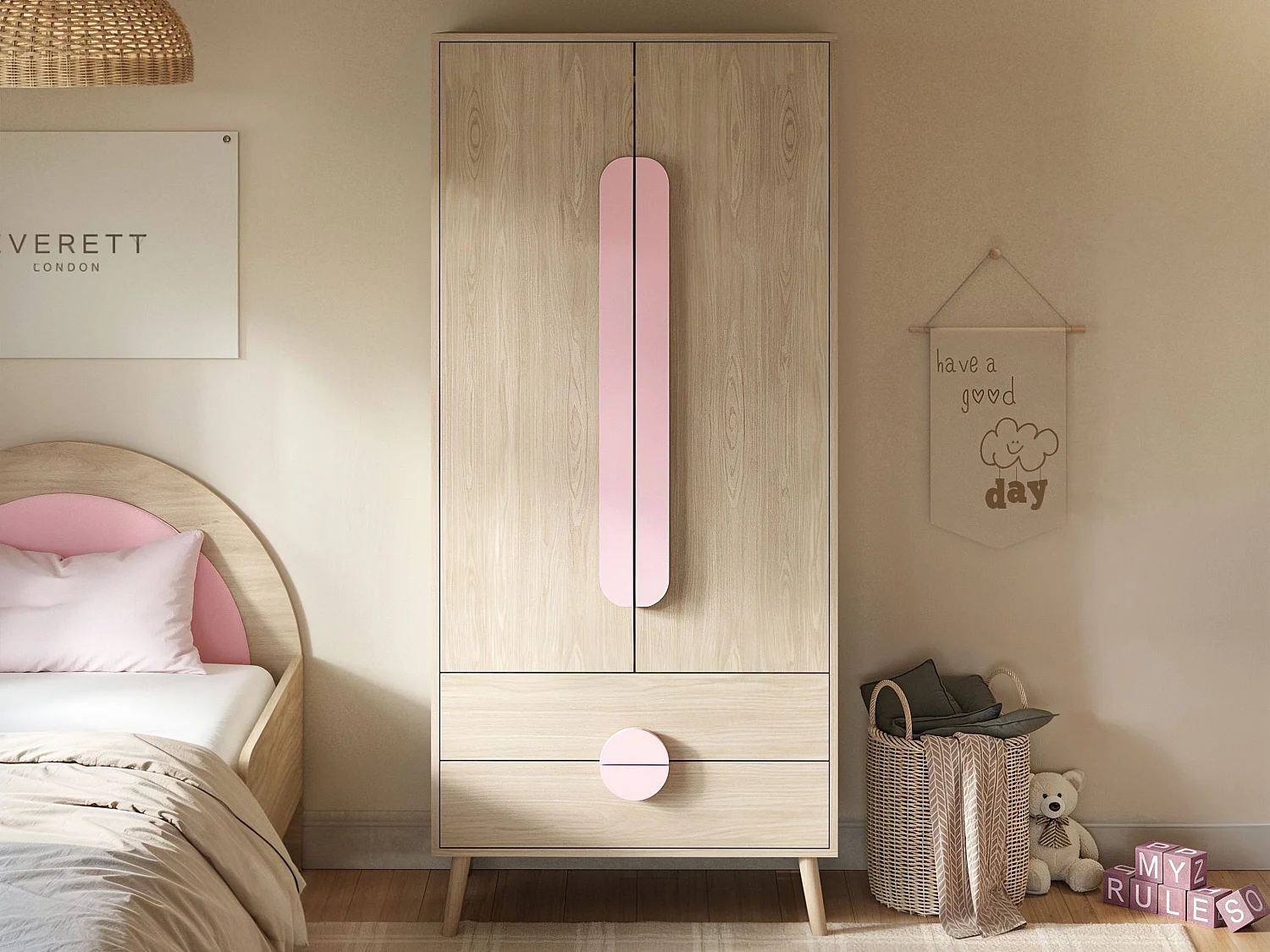Flair Noah 2 Door Wardrobe with 2 Drawers Oak & Pink