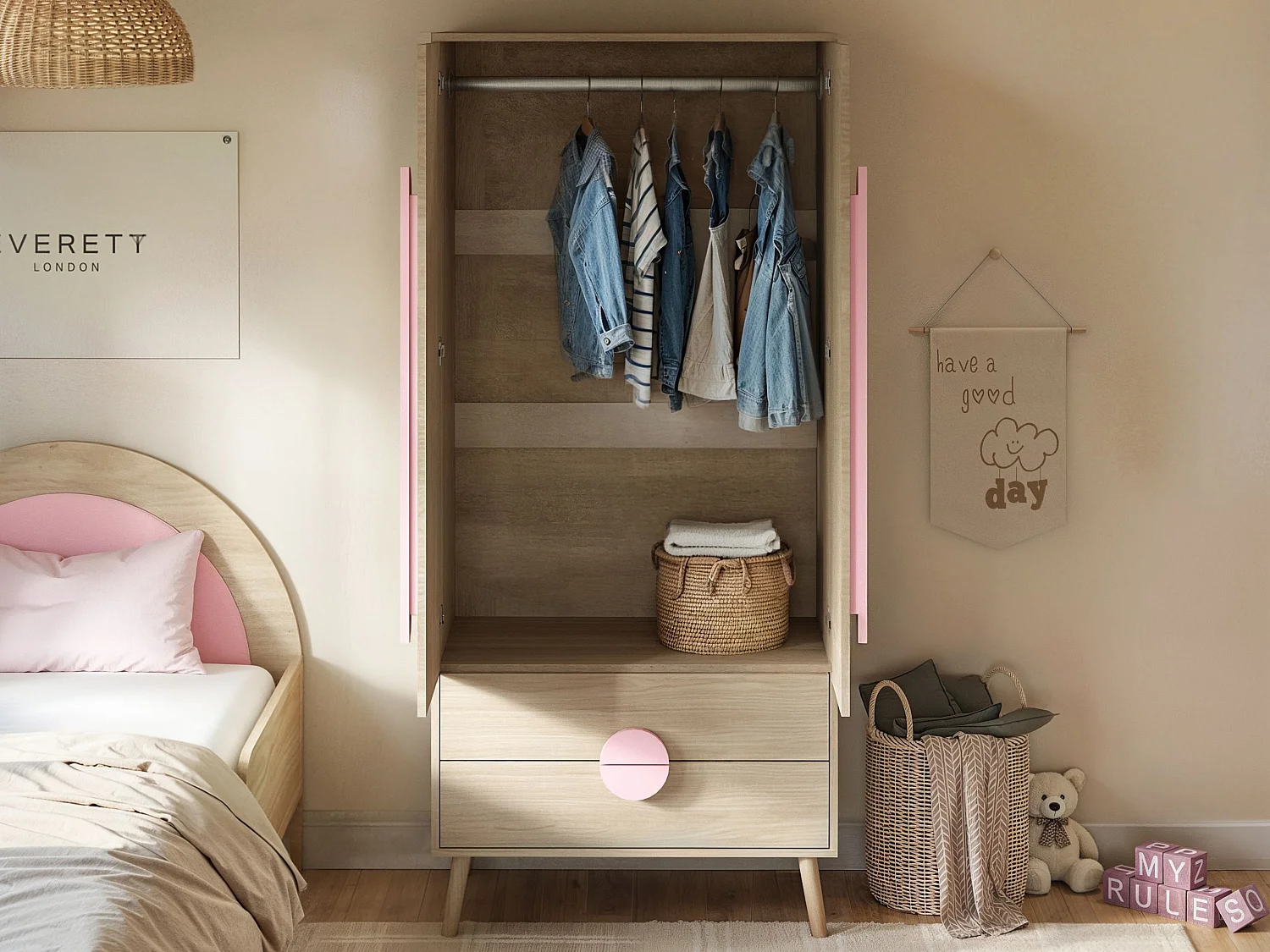 Flair Noah 2 Door Wardrobe with 2 Drawers Oak & Pink