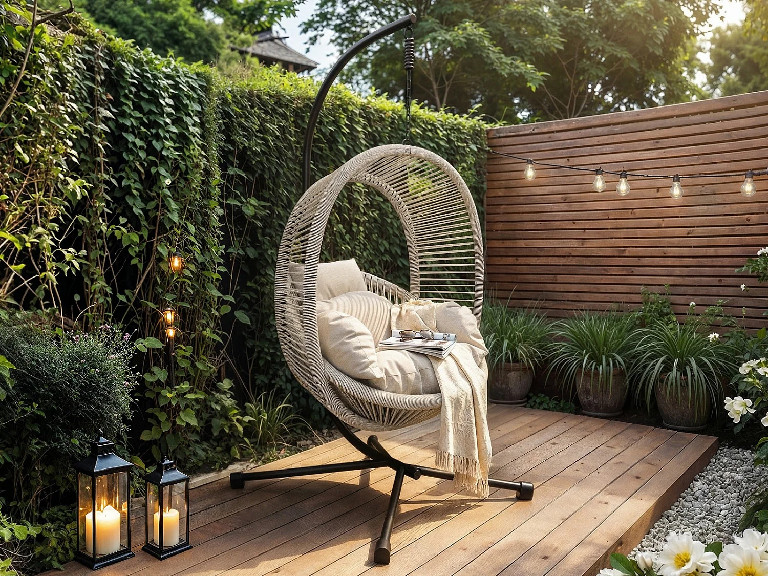 SOLACE+CO Lana Garden Swing Chair Light Beige Rattan