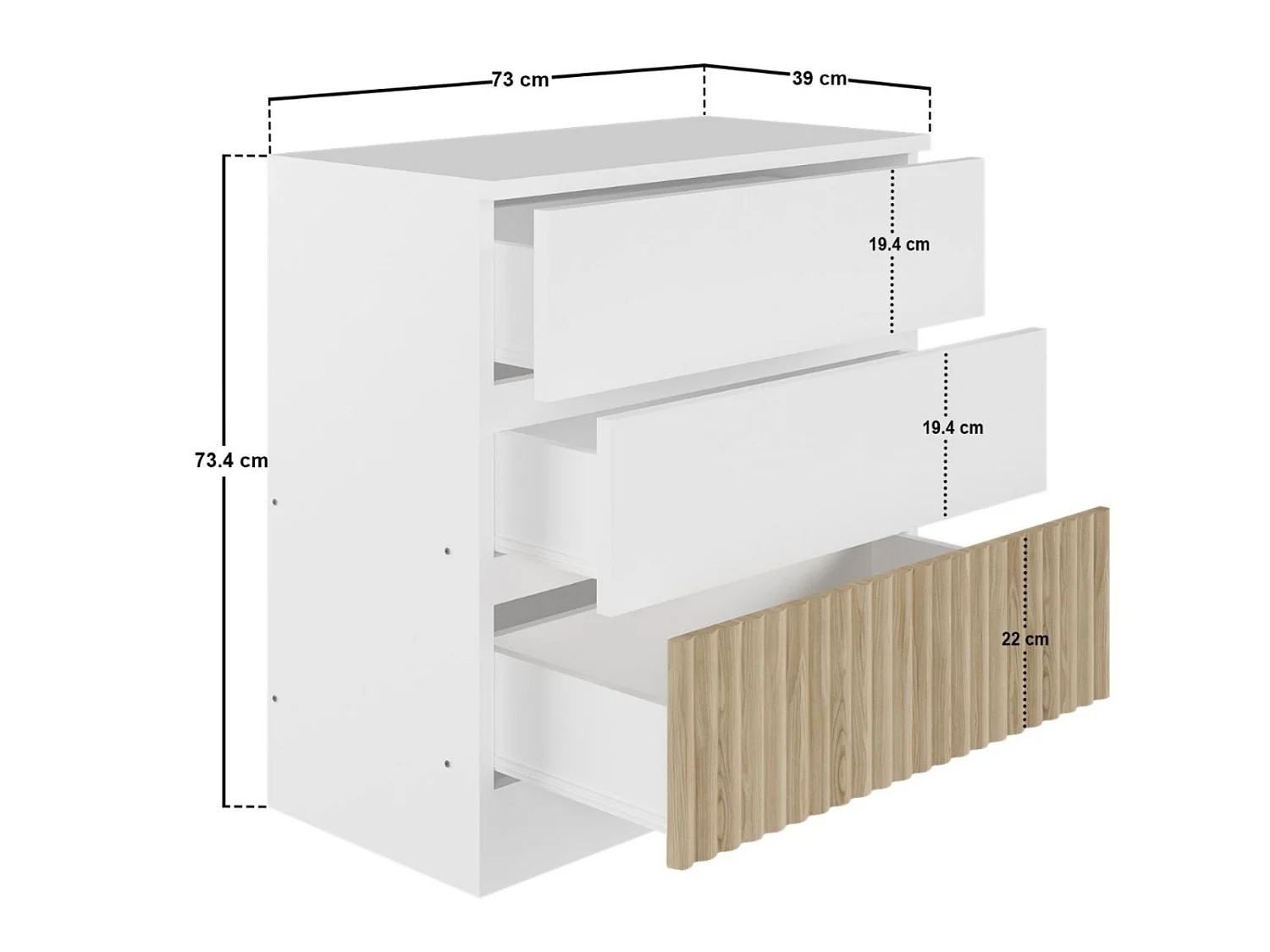 Flair Luca 3 Drawer Chest Ribbed White & Oak