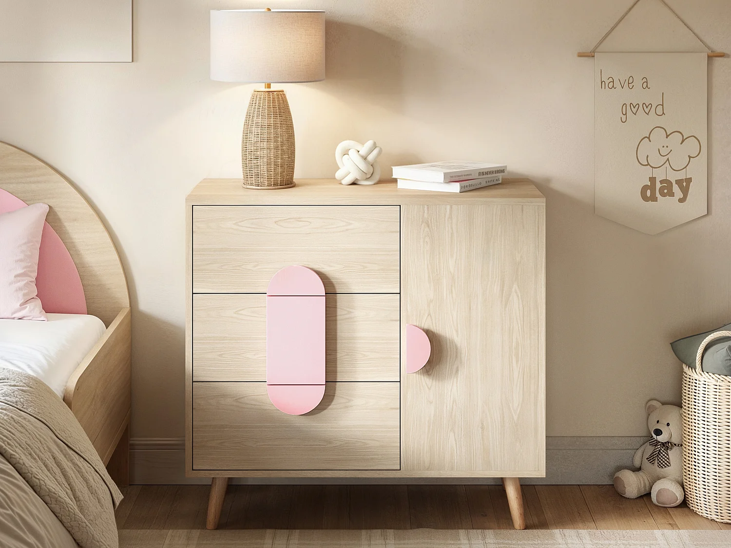 Flair Noah Chest of 3 Drawers Oak & Pink