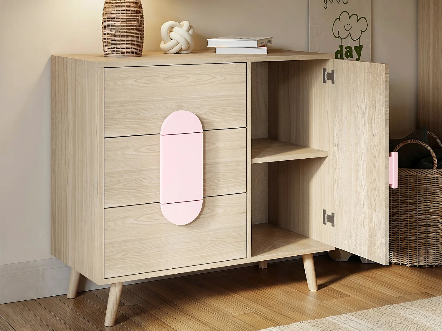 Flair Noah Chest of 3 Drawers Oak & Pink
