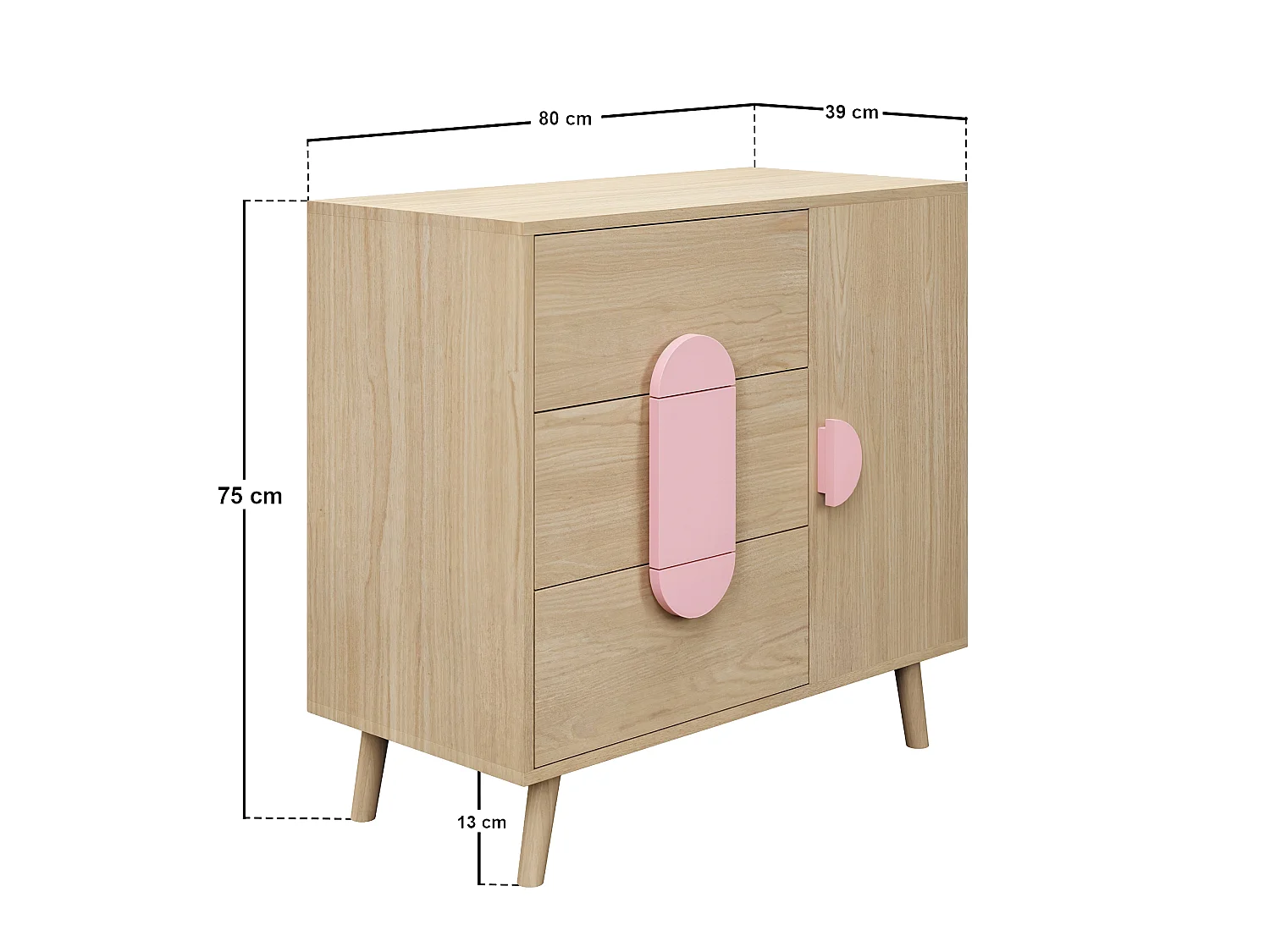 Flair Noah Chest of 3 Drawers Oak & Pink