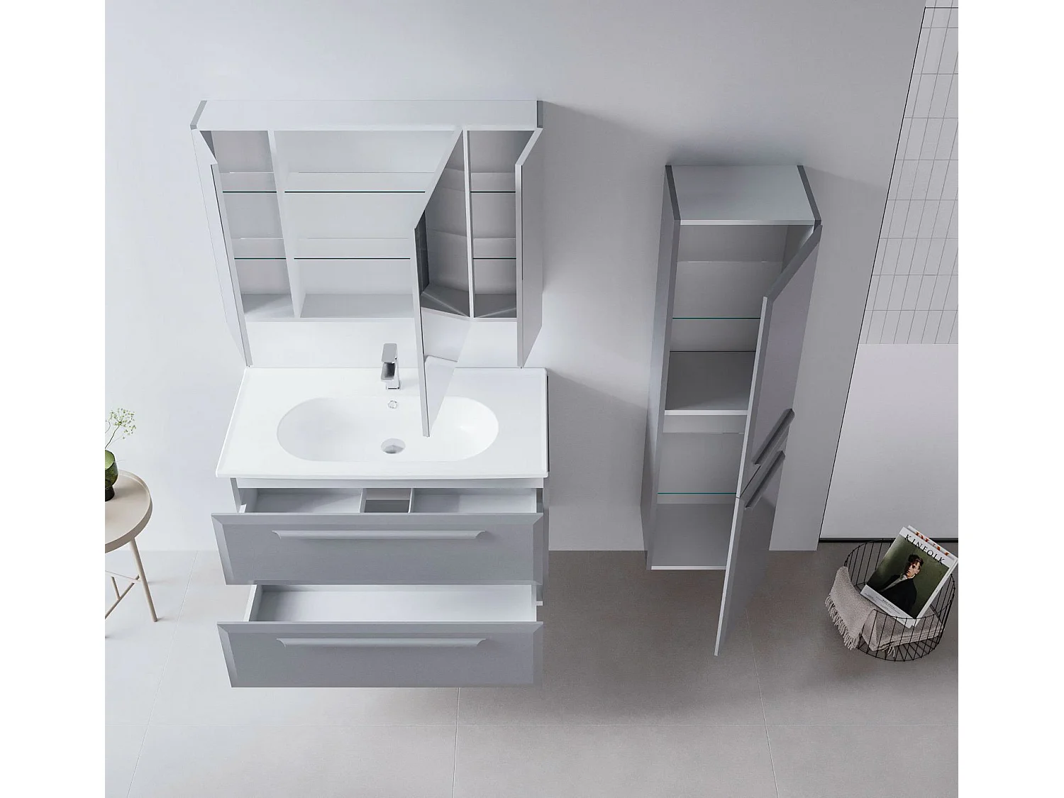 Meuble Salle de Bain avec Miroir "Nuvola 100 v2" - 97 x 16 x 66 cm - Grey