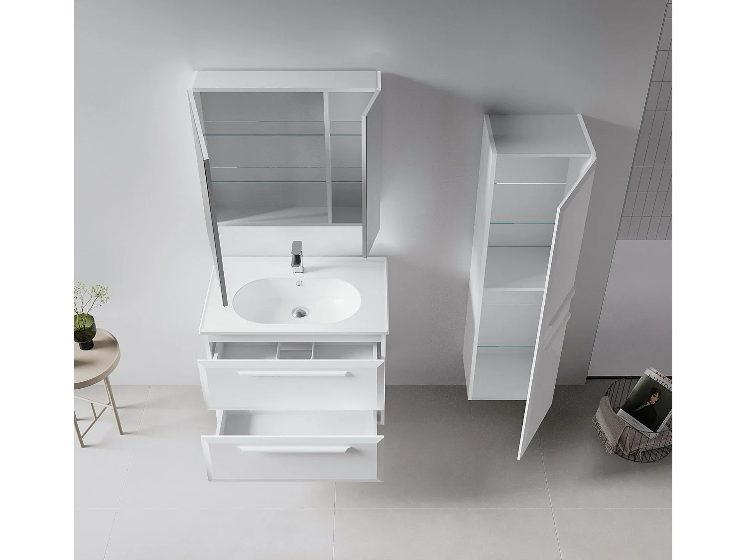 Meuble Salle de Bain avec Miroir "Nuvola 80 v2" - 75 x 16 x 66 cm - White