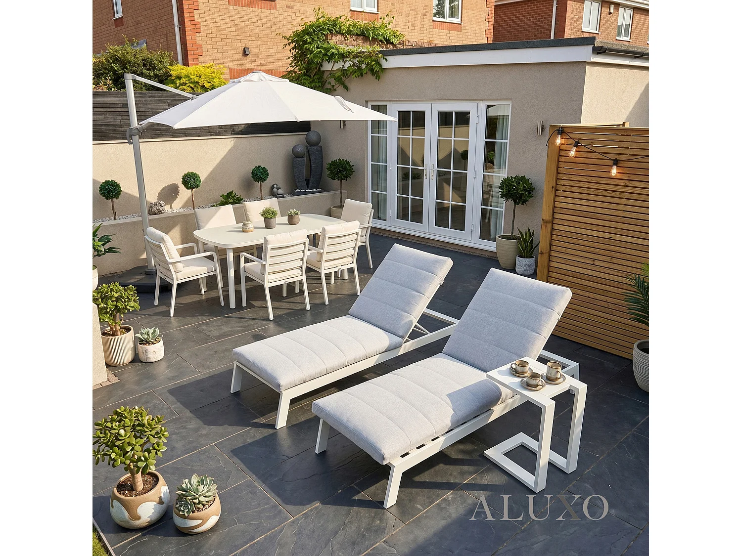 ALUXO Dasia Luxury Outdoor 3-Piece Sun Lounger Set – White Aluminium (2x Loungers + 1x Table)