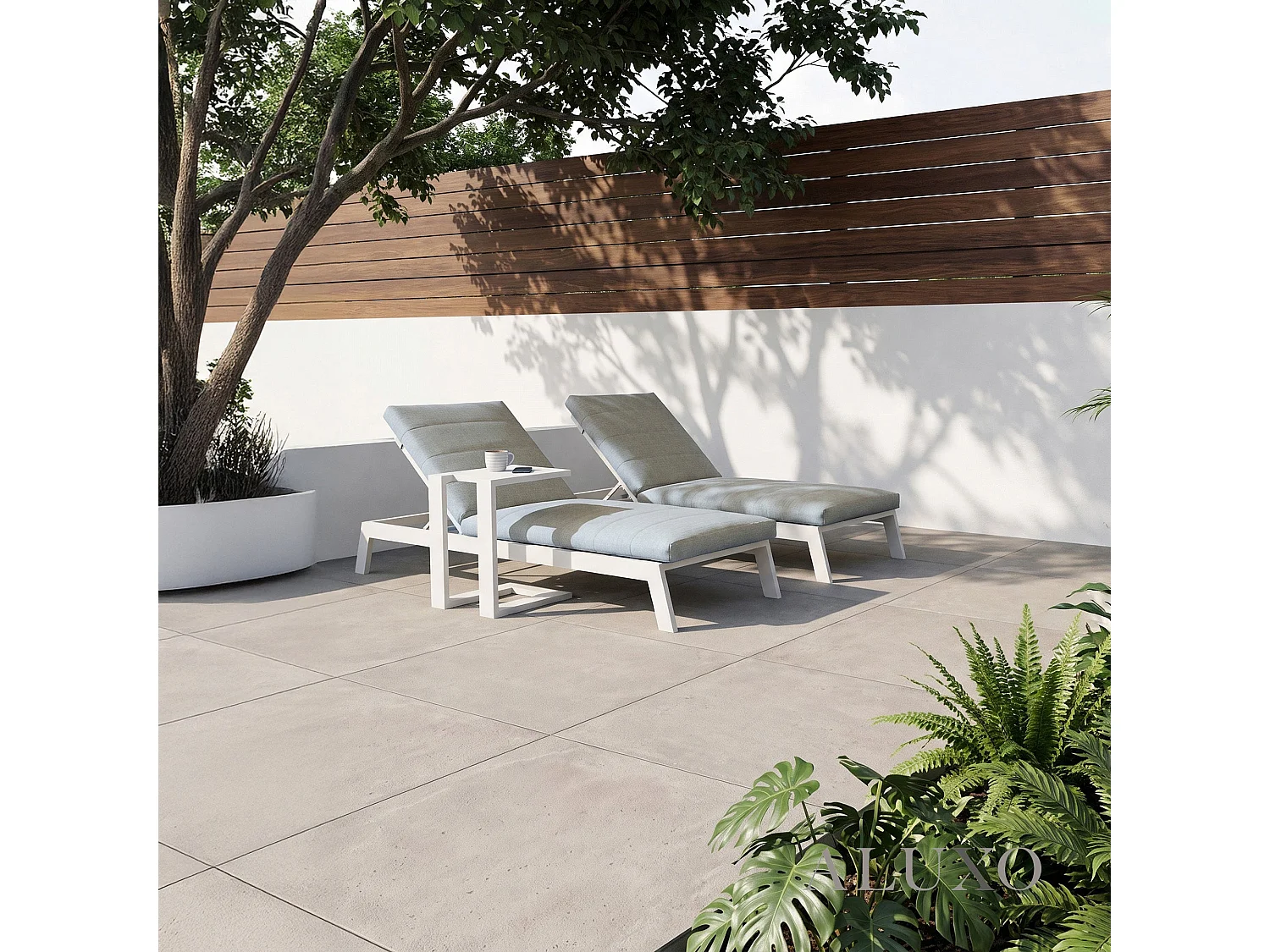 ALUXO Dasia Luxury Outdoor 3-Piece Sun Lounger Set – White Aluminium (2x Loungers + 1x Table)