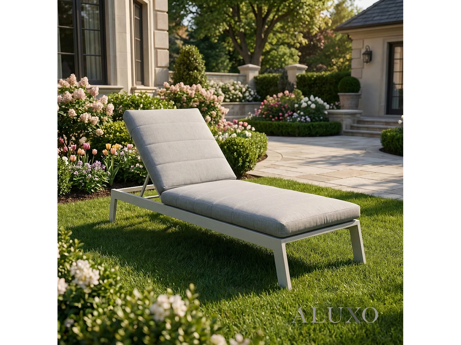 ALUXO Dasia Luxury Outdoor Sun Lounger – White Aluminium & Pebble Grey Cushion