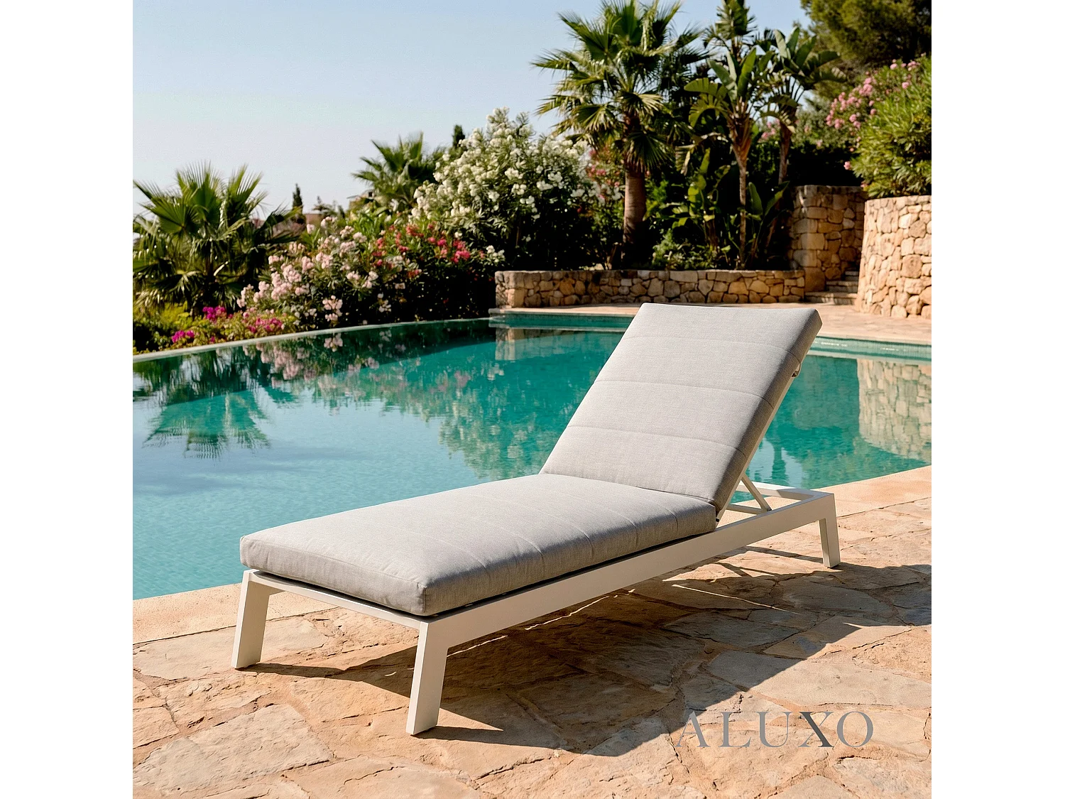 ALUXO Dasia Luxury Outdoor Sun Lounger – White Aluminium & Pebble Grey Cushion