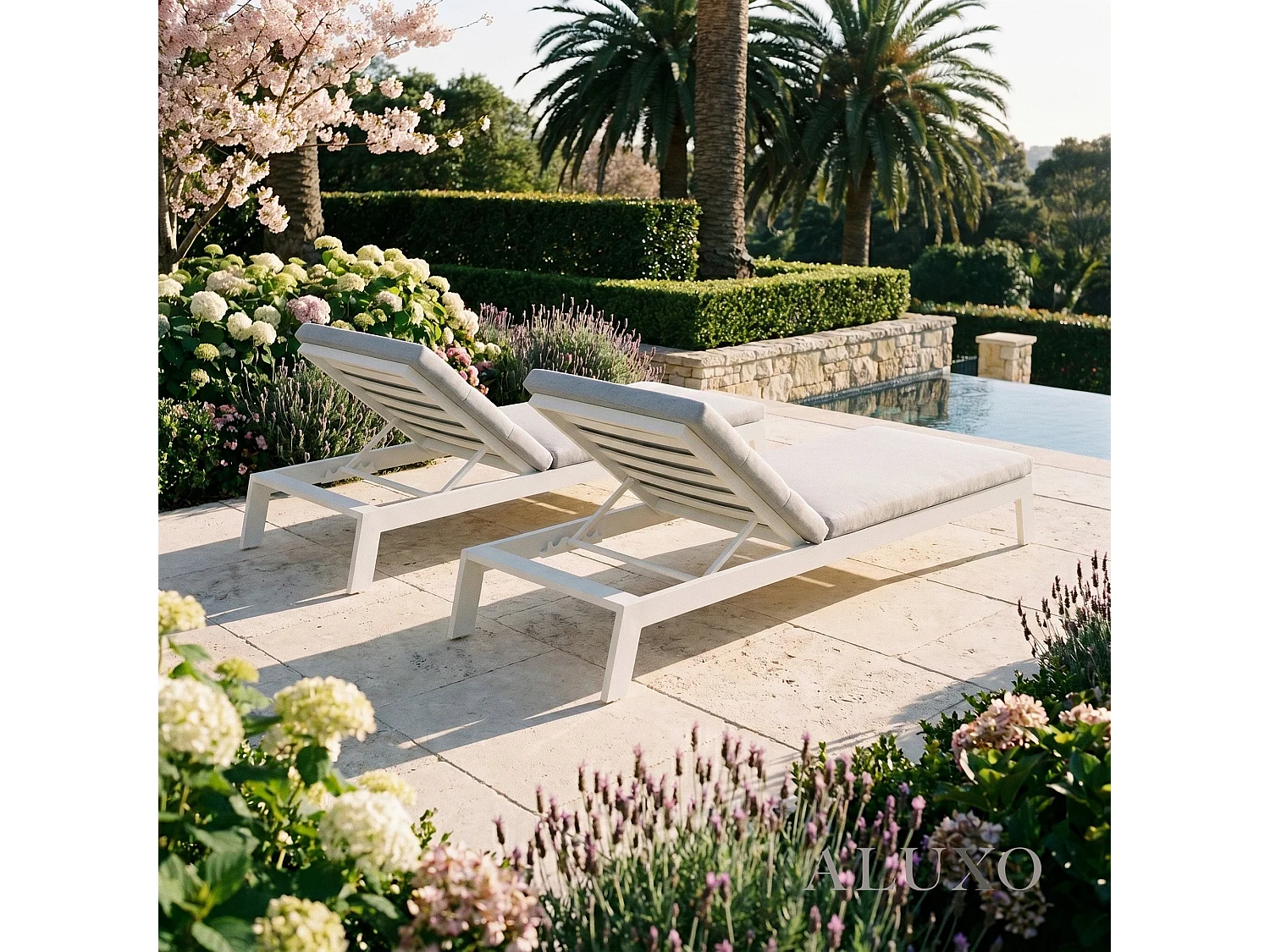 ALUXO Dasia Luxury Outdoor Sun Lounger – White Aluminium & Pebble Grey Cushion
