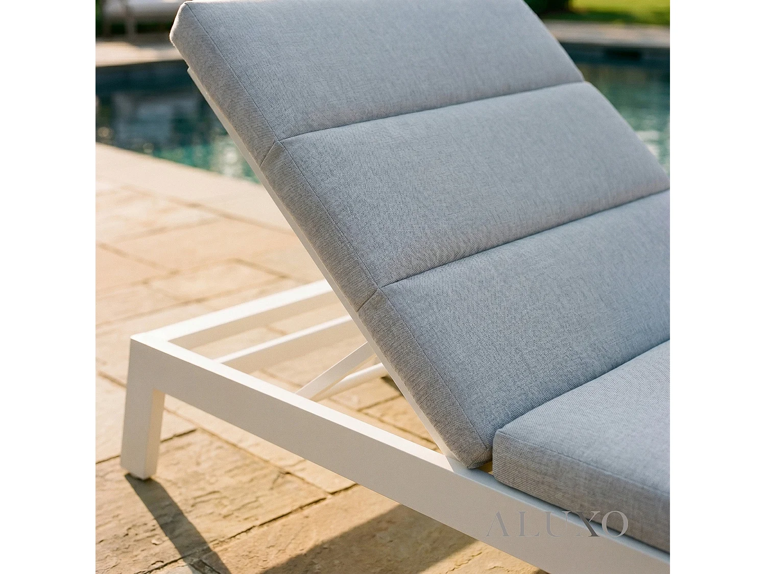 ALUXO Dasia Luxury Outdoor Sun Lounger – White Aluminium & Pebble Grey Cushion