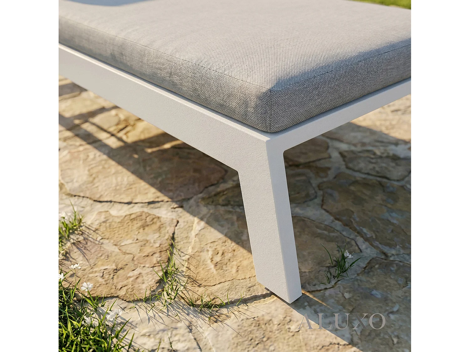 ALUXO Dasia Luxury Outdoor Sun Lounger – White Aluminium & Pebble Grey Cushion