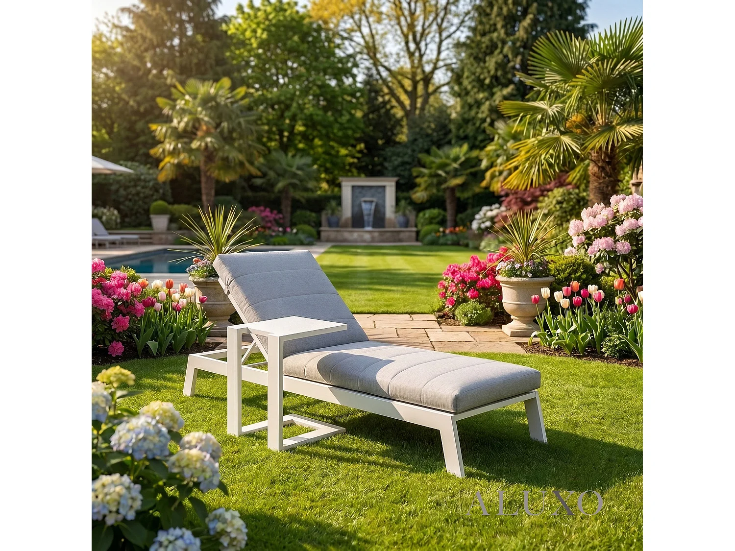 ALUXO Dasia Luxury Outdoor Sun Lounger with Table Set – White Aluminium