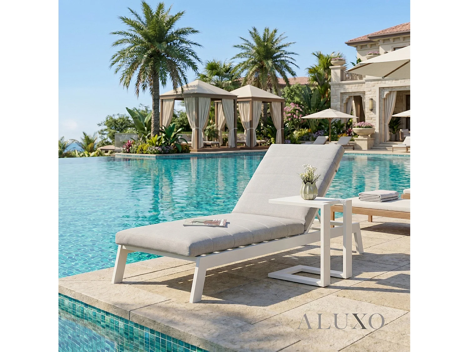 ALUXO Dasia Luxury Outdoor Sun Lounger with Table Set – White Aluminium