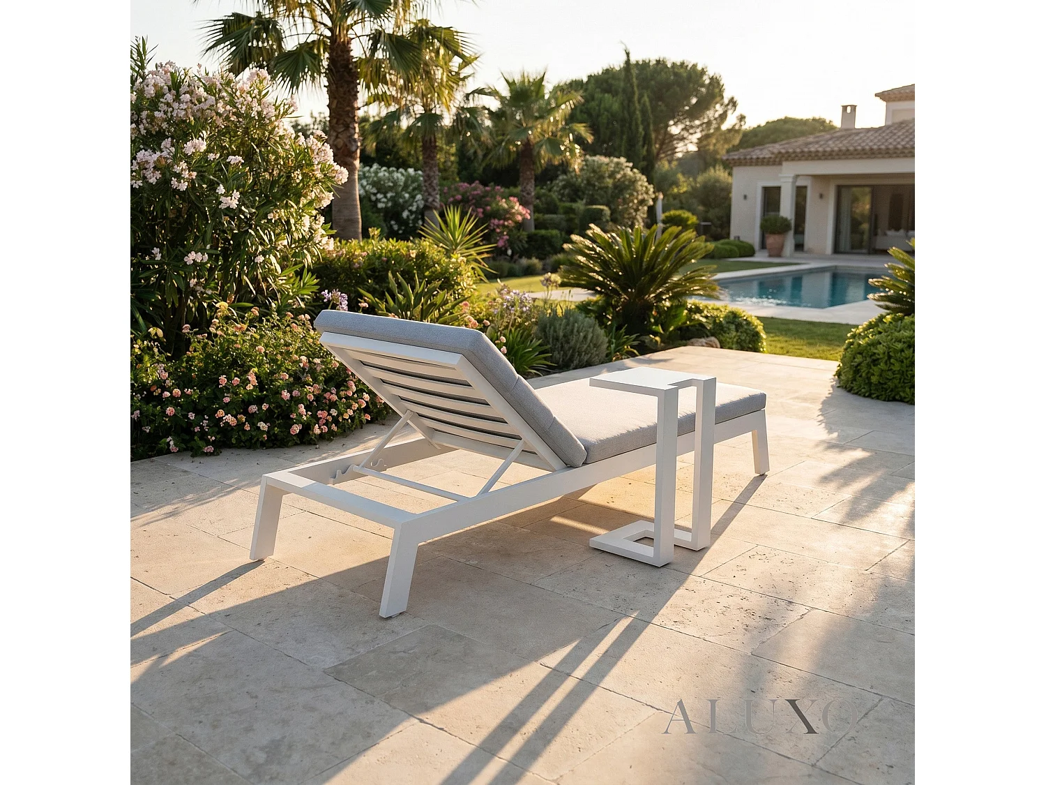 ALUXO Dasia Luxury Outdoor Sun Lounger with Table Set – White Aluminium