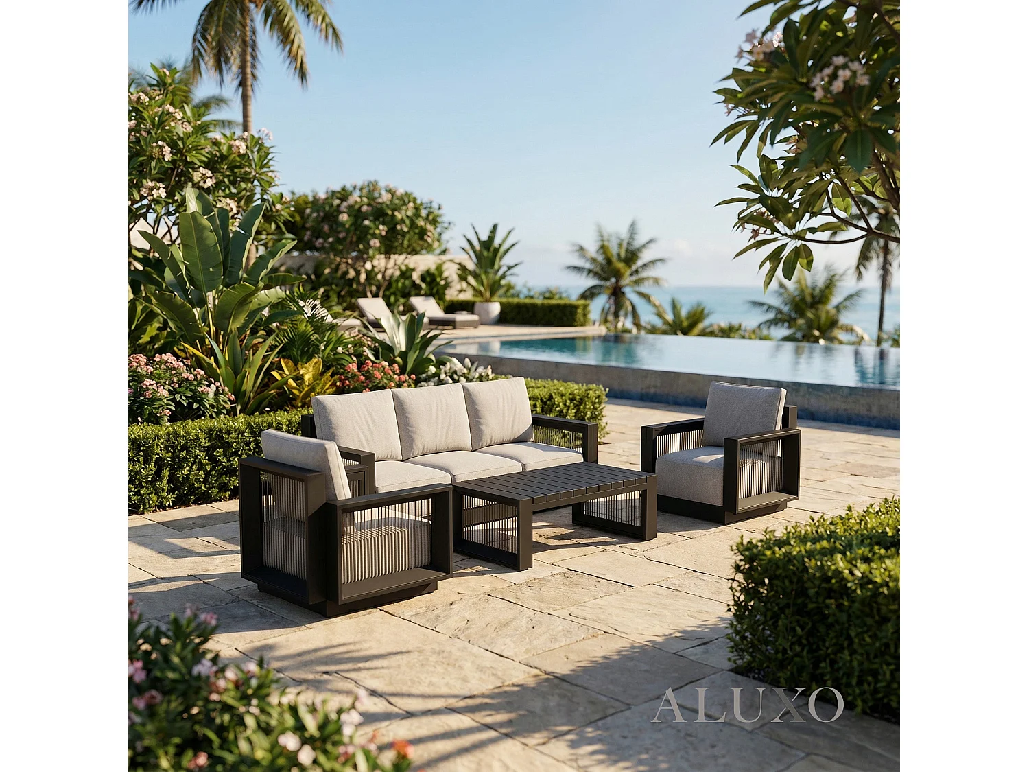 ALUXO Ikos 5-Seater Luxury Lounge Set - Onyx Architectural Aluminium & Slat Table