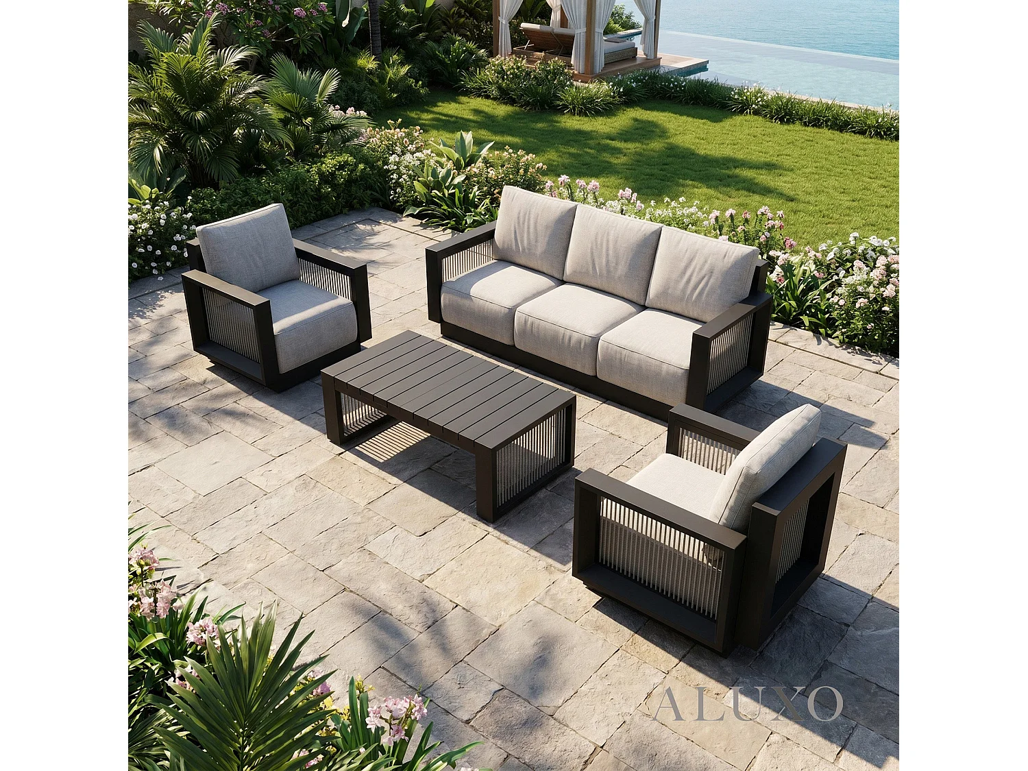 ALUXO Ikos 5-Seater Luxury Lounge Set - Onyx Architectural Aluminium & Slat Table