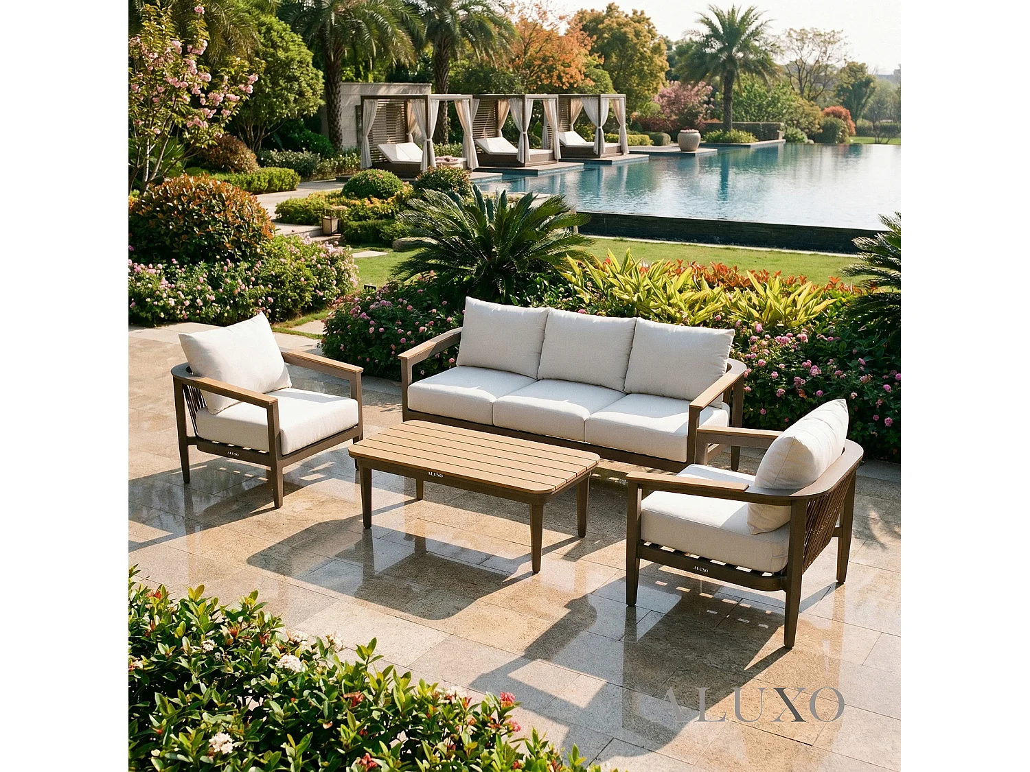 ALUXO Hemera 5-Seater Luxury Lounge Set - Truffle Aluminium & PS Wood Slat Table