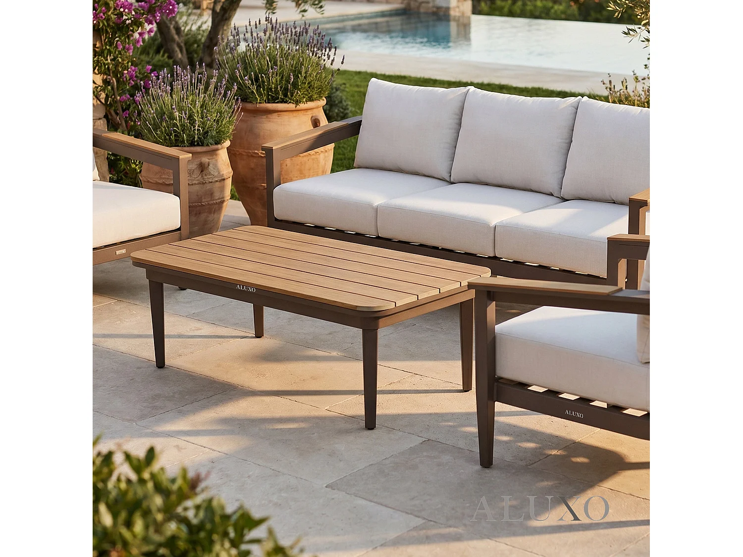 ALUXO Hemera 5-Seater Luxury Lounge Set - Truffle Aluminium & PS Wood Slat Table