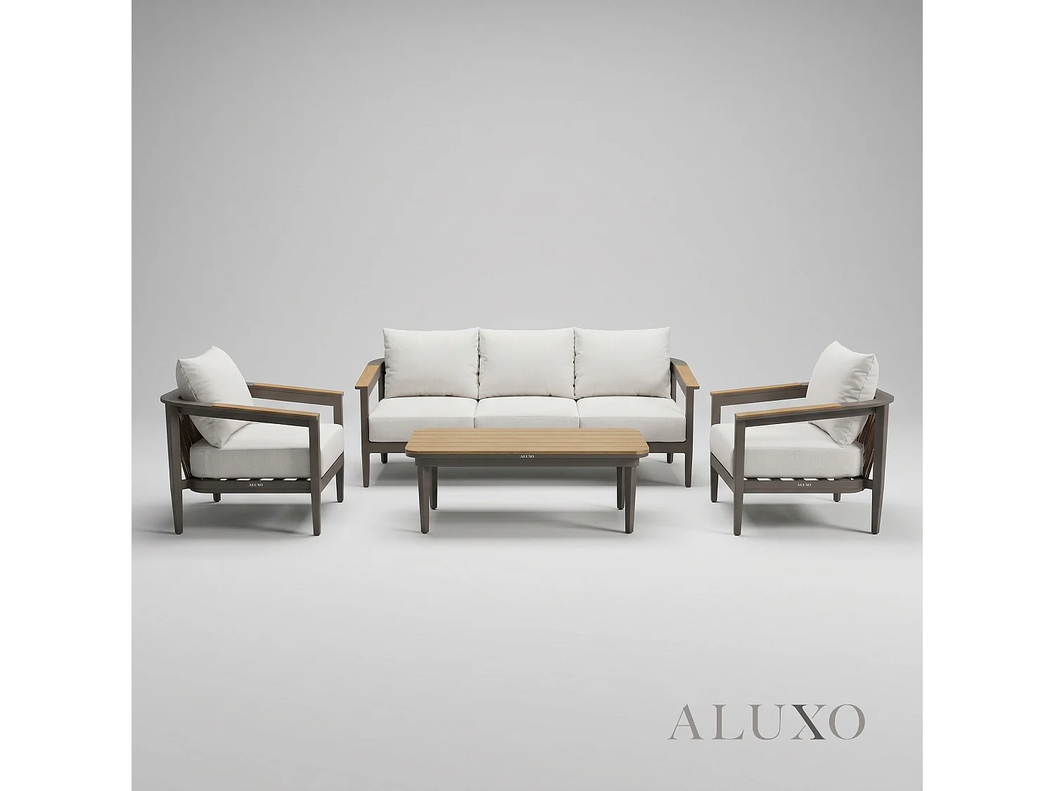ALUXO Hemera 5-Seater Luxury Lounge Set - Truffle Aluminium & PS Wood Slat Table