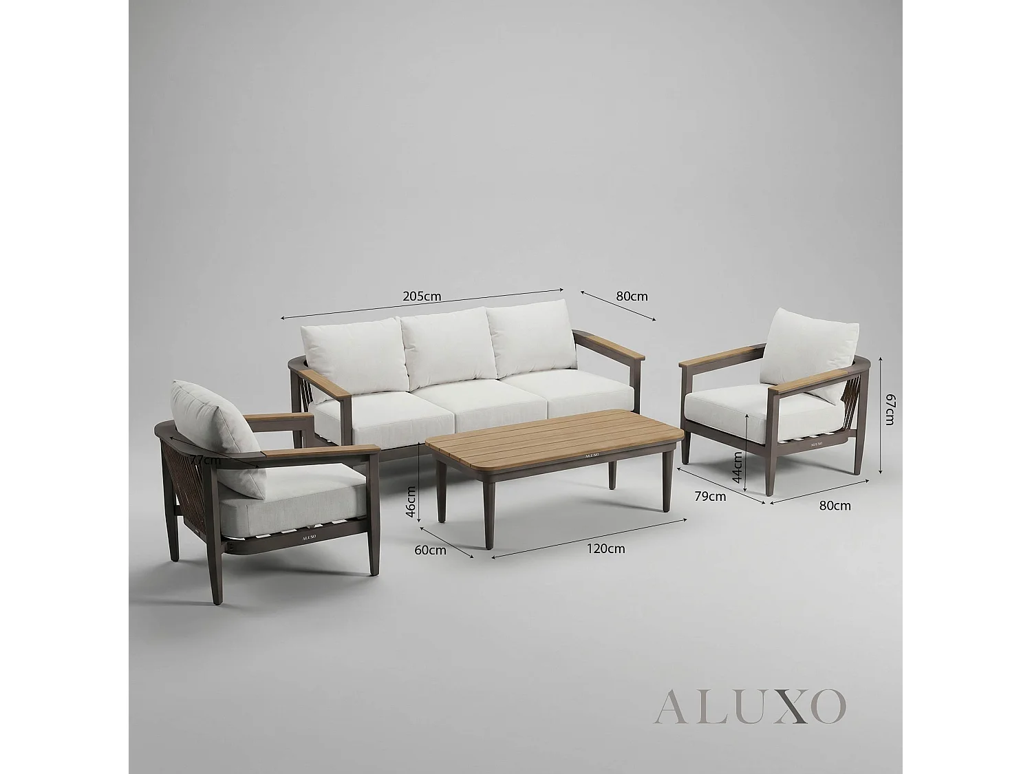 ALUXO Hemera 5-Seater Luxury Lounge Set - Truffle Aluminium & PS Wood Slat Table