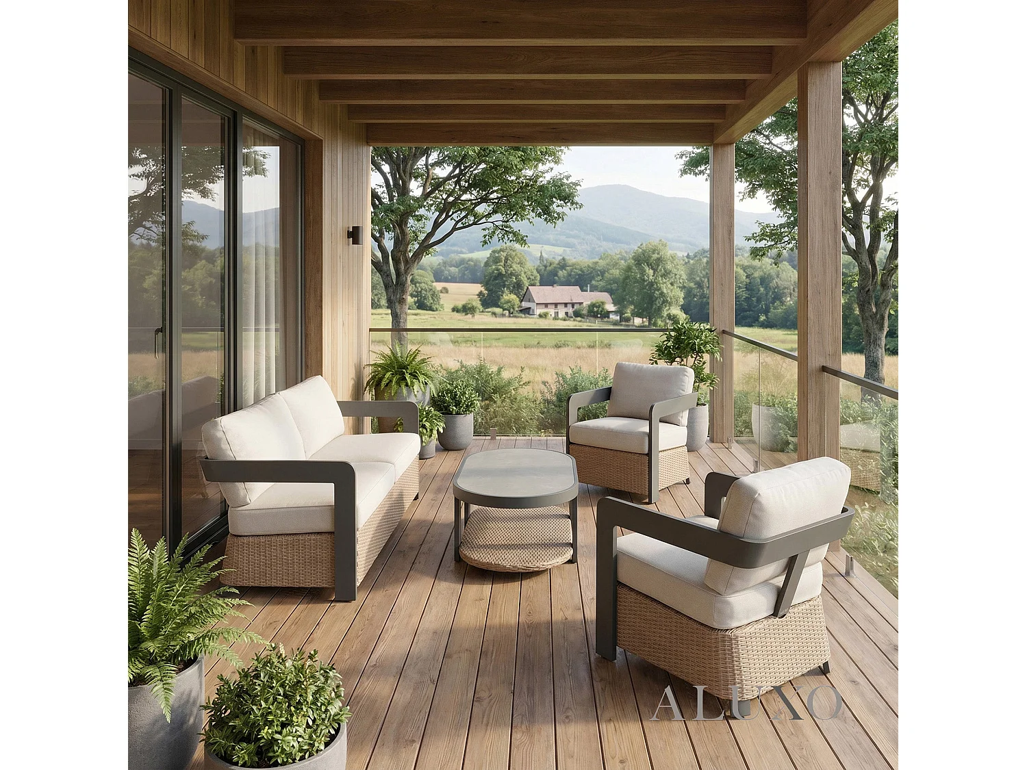 ALUXO Selene 5-Seater Luxury Lounge Set - Onyx Aluminium, Woven Base & Sintered Stone Table