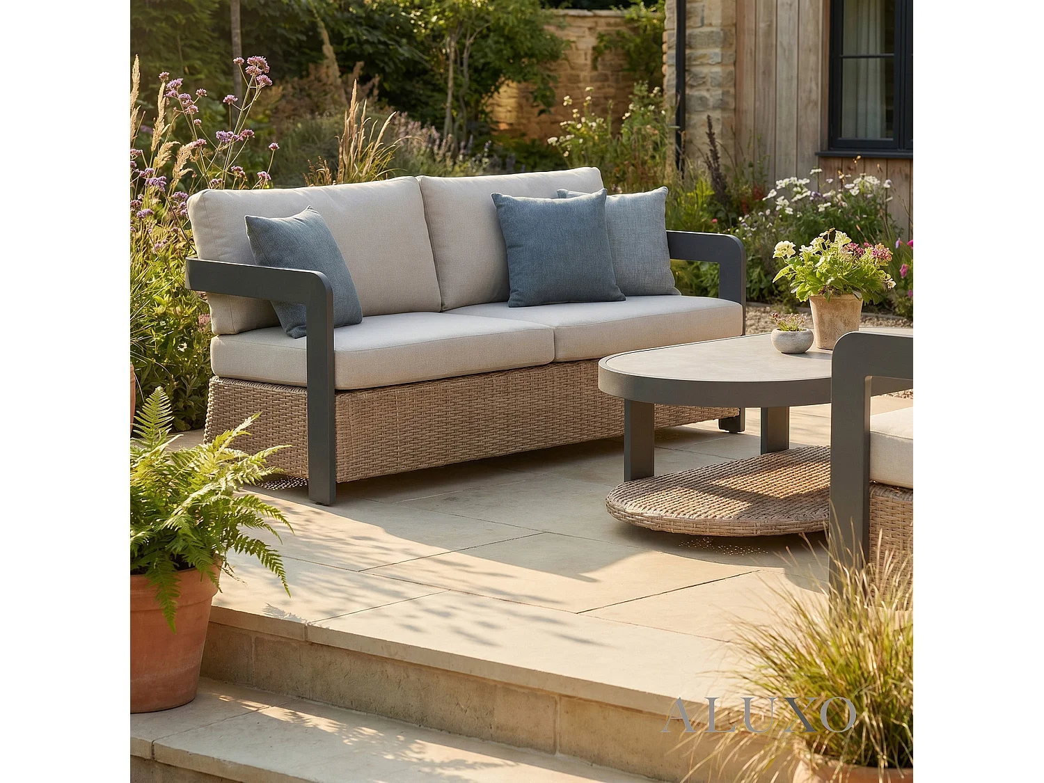 ALUXO Selene 5-Seater Luxury Lounge Set - Onyx Aluminium, Woven Base & Sintered Stone Table