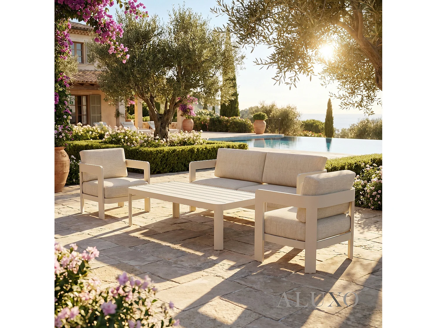 ALUXO Sofia 5-Seater Luxury Lounge Set - Taupe Aluminium & Slat Table