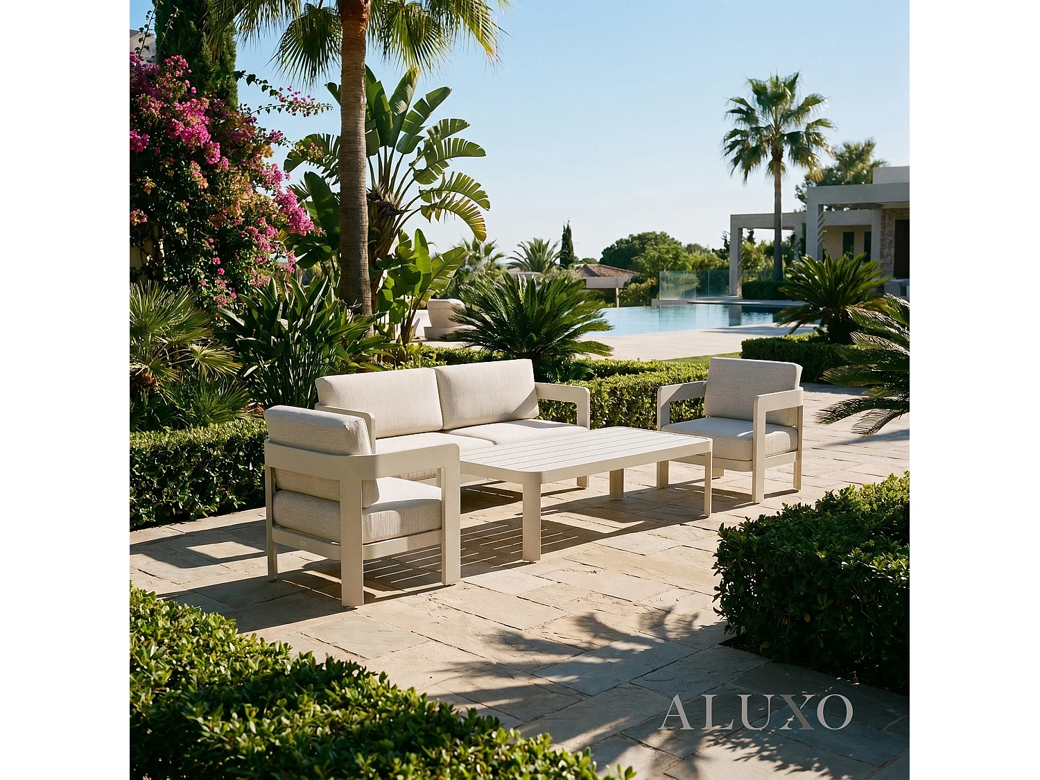 ALUXO Sofia 5-Seater Luxury Lounge Set - Taupe Aluminium & Slat Table