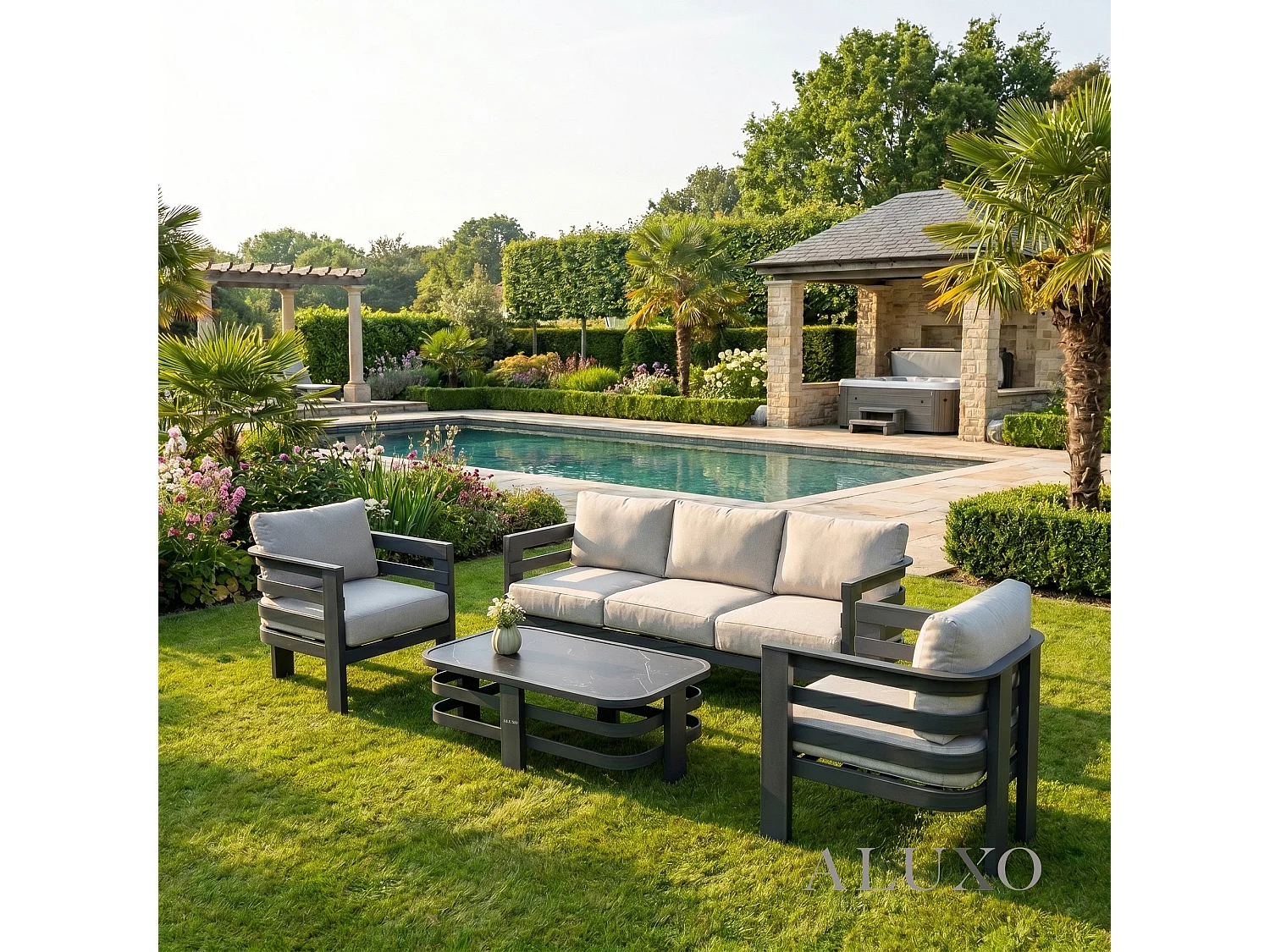 ALUXO Andros 5-Seater Luxury Lounge Set - Onyx Aluminium & Sintered Stone Table