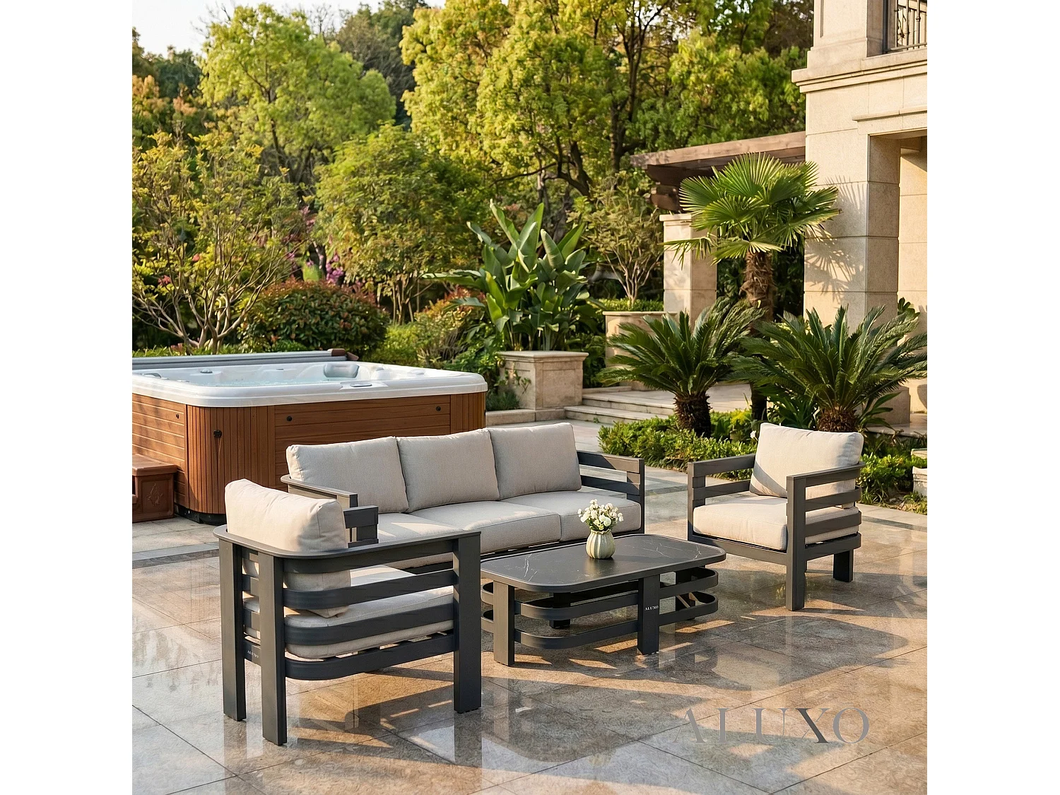 ALUXO Andros 5-Seater Luxury Lounge Set - Onyx Aluminium & Sintered Stone Table