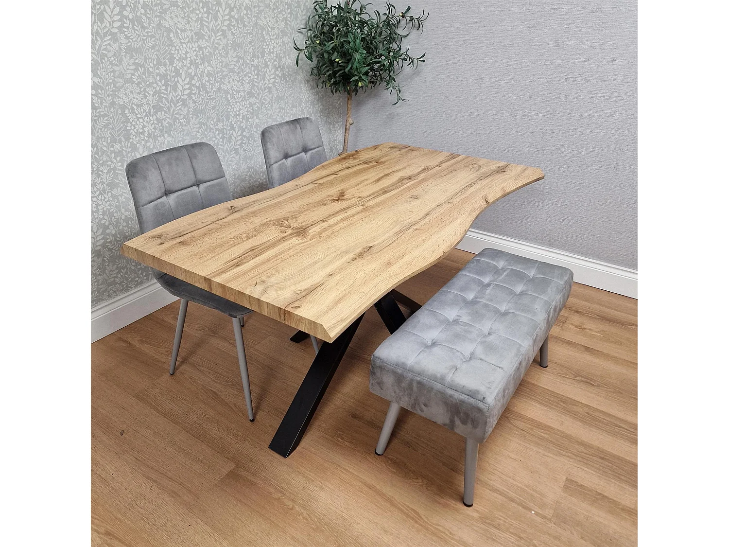 Dining Table with 2 Grey Velvet Chairs and Modern Grey Bench  Dining Room Furniture Set