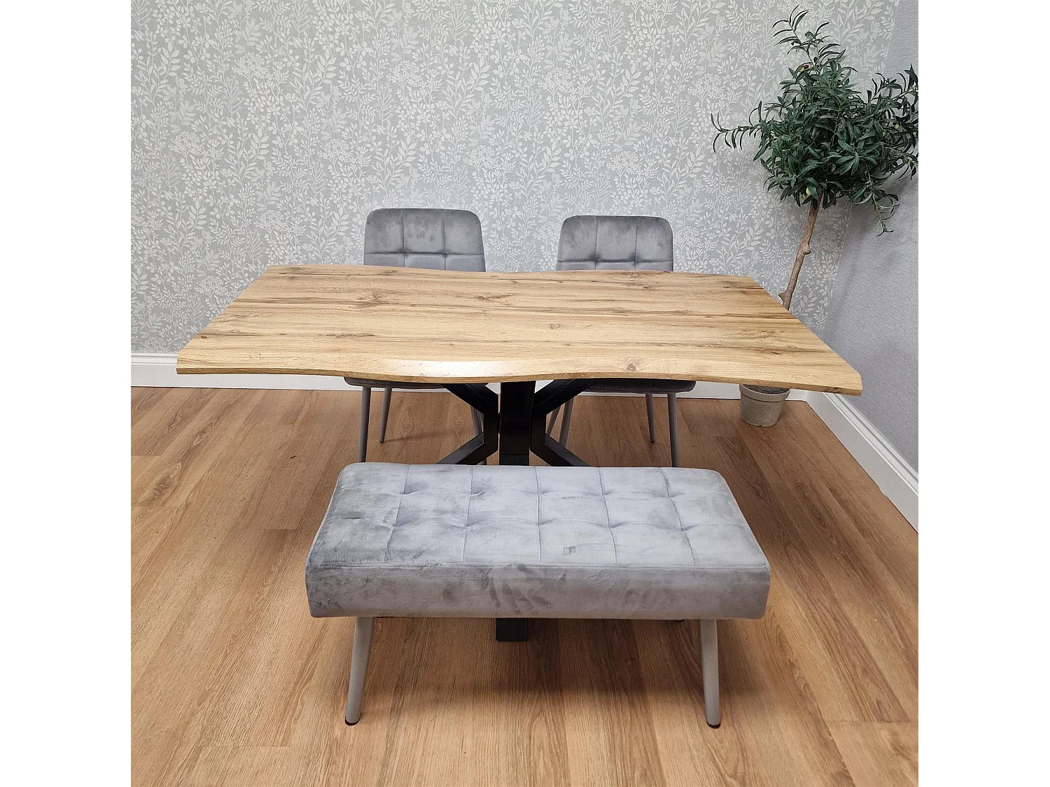 Dining Table with 2 Grey Velvet Chairs and Modern Grey Bench  Dining Room Furniture Set