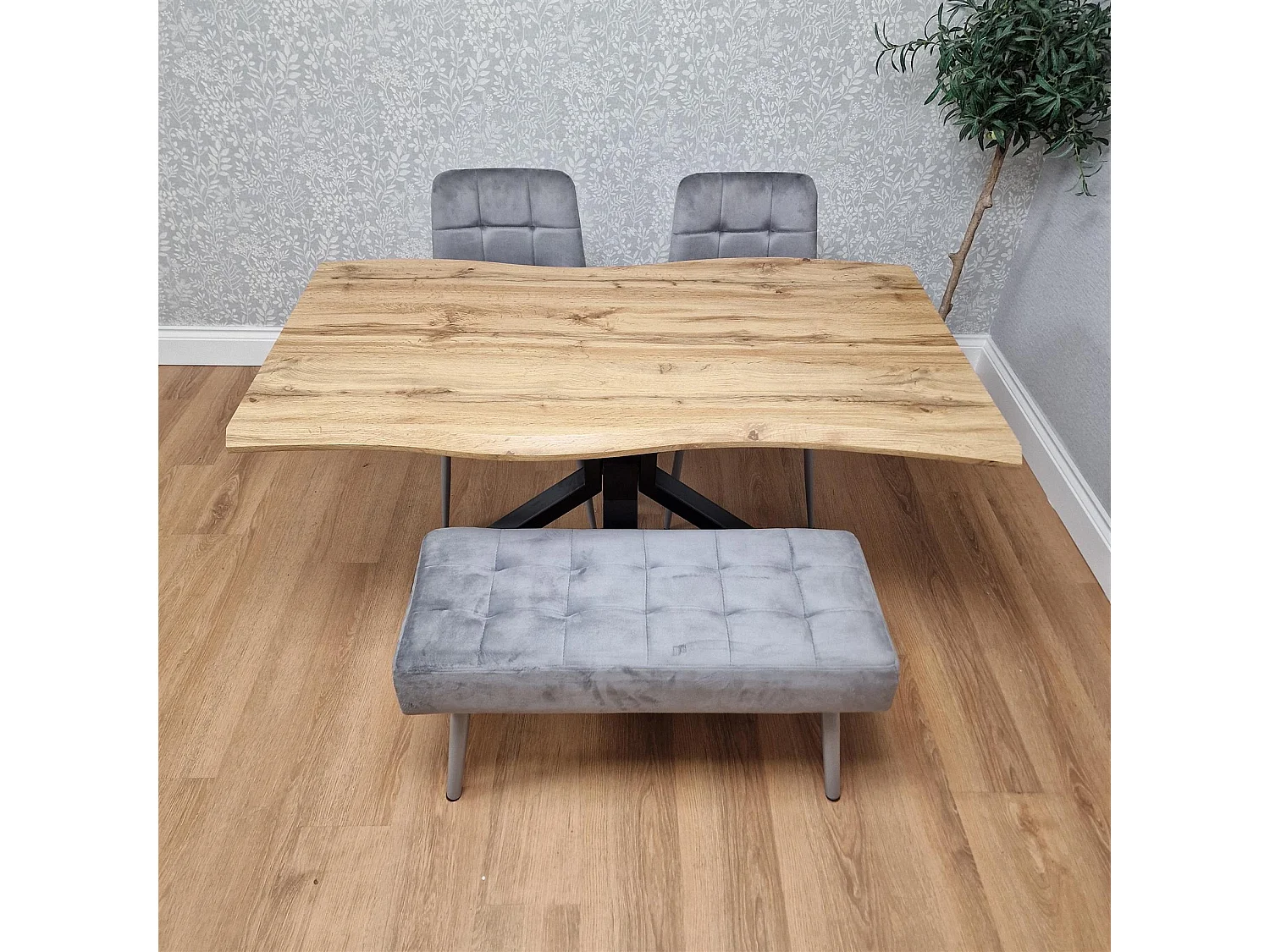 Dining Table with 2 Grey Velvet Chairs and Modern Grey Bench  Dining Room Furniture Set