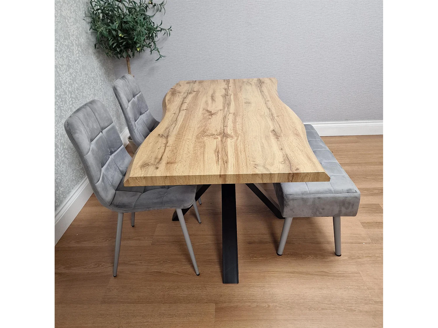 Dining Table with 2 Grey Velvet Chairs and Modern Grey Bench  Dining Room Furniture Set