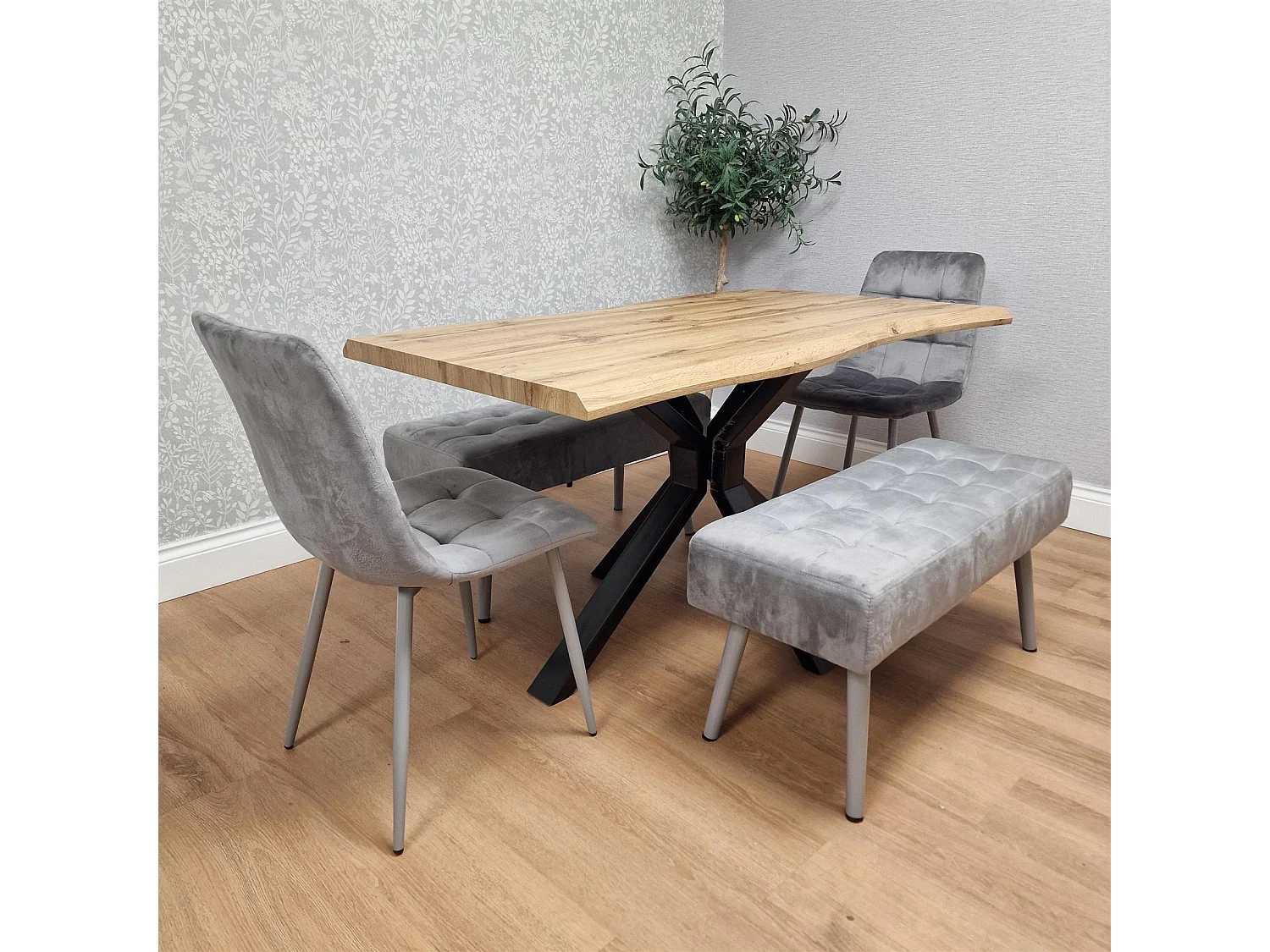Modern Dining Table Set With 2 Grey Velvet Chairs And 2 Grey Velvet Benches Dining Room Furniture
