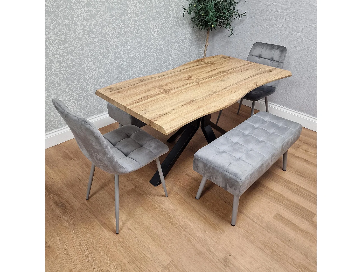 Modern Dining Table Set With 2 Grey Velvet Chairs And 2 Grey Velvet Benches Dining Room Furniture