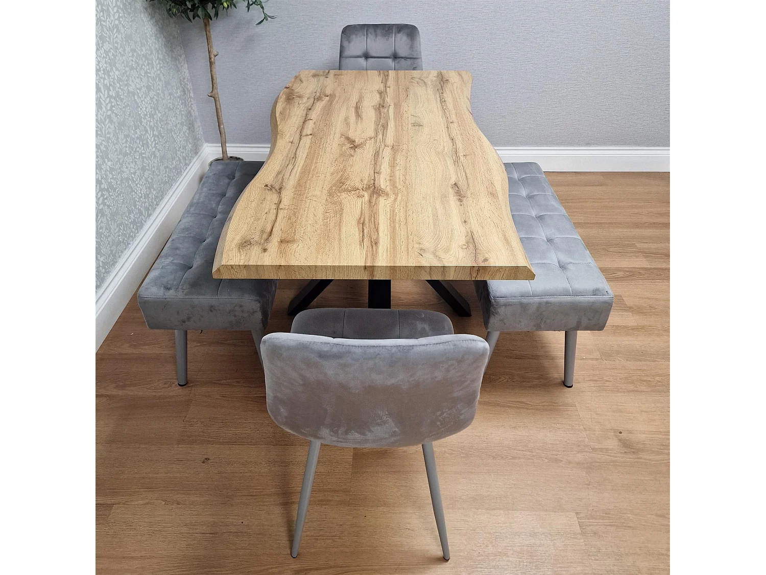 Modern Dining Table Set With 2 Grey Velvet Chairs And 2 Grey Velvet Benches Dining Room Furniture