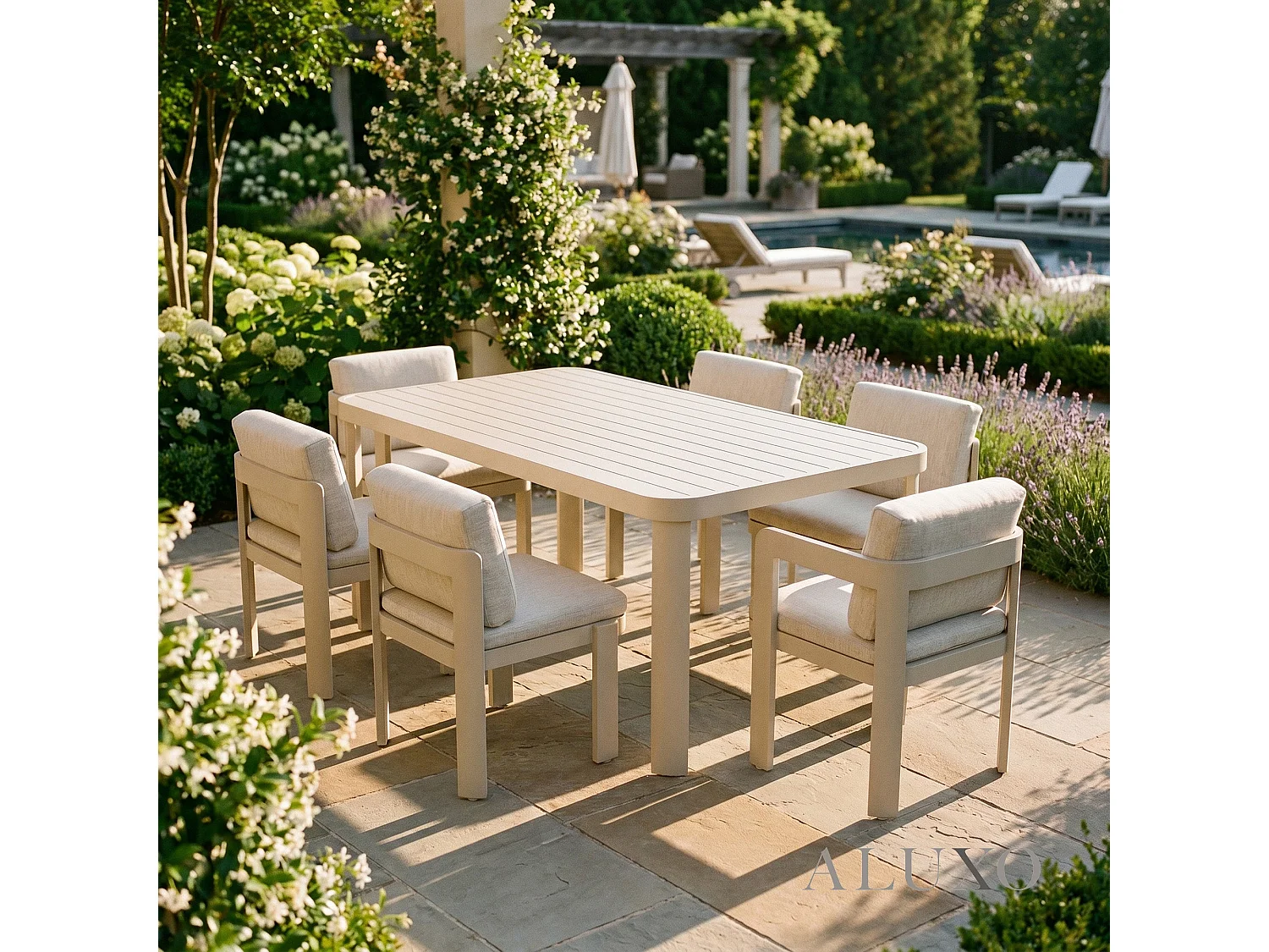 ALUXO Sofia 6-Seater Luxury Dining Set - Taupe Aluminium & Slat Table