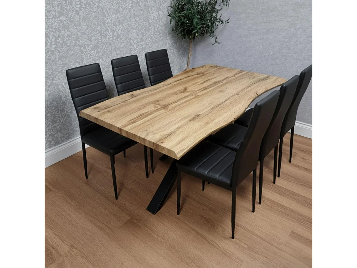 Modern Dining Table with 6 Black faux leather padded Chairs Kitchen Furniture