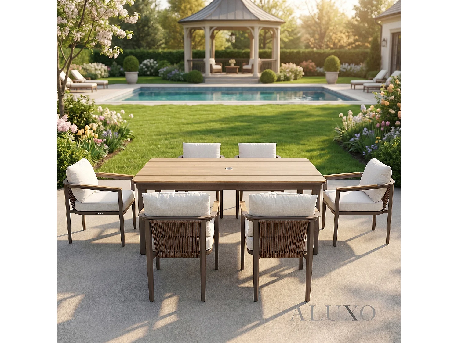 ALUXO Hemera 6-Seater Luxury Dining Set - Truffle Aluminium & PS Wood Slat Table