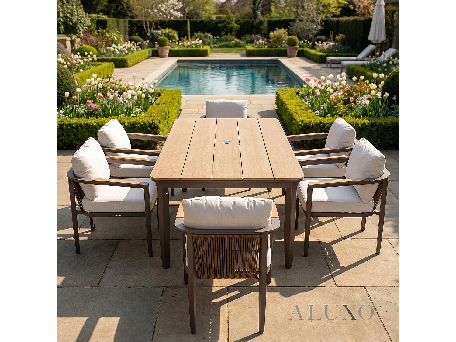 ALUXO Hemera 6-Seater Luxury Dining Set - Truffle Aluminium & PS Wood Slat Table
