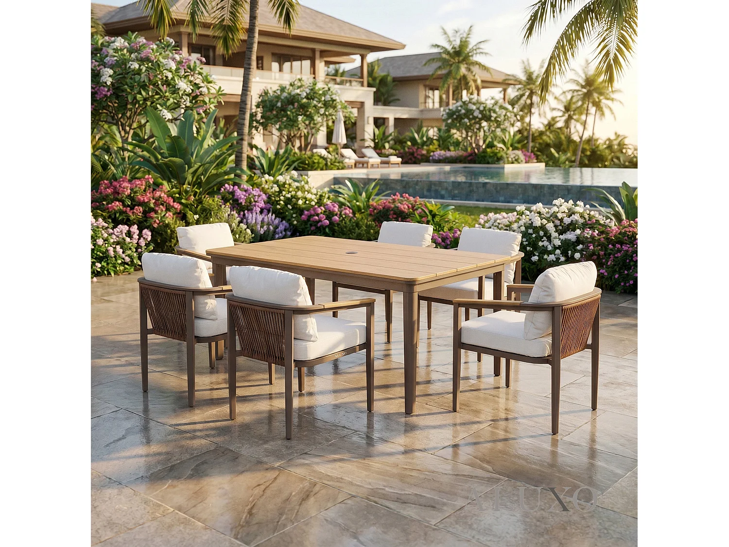 ALUXO Hemera 6-Seater Luxury Dining Set - Truffle Aluminium & PS Wood Slat Table