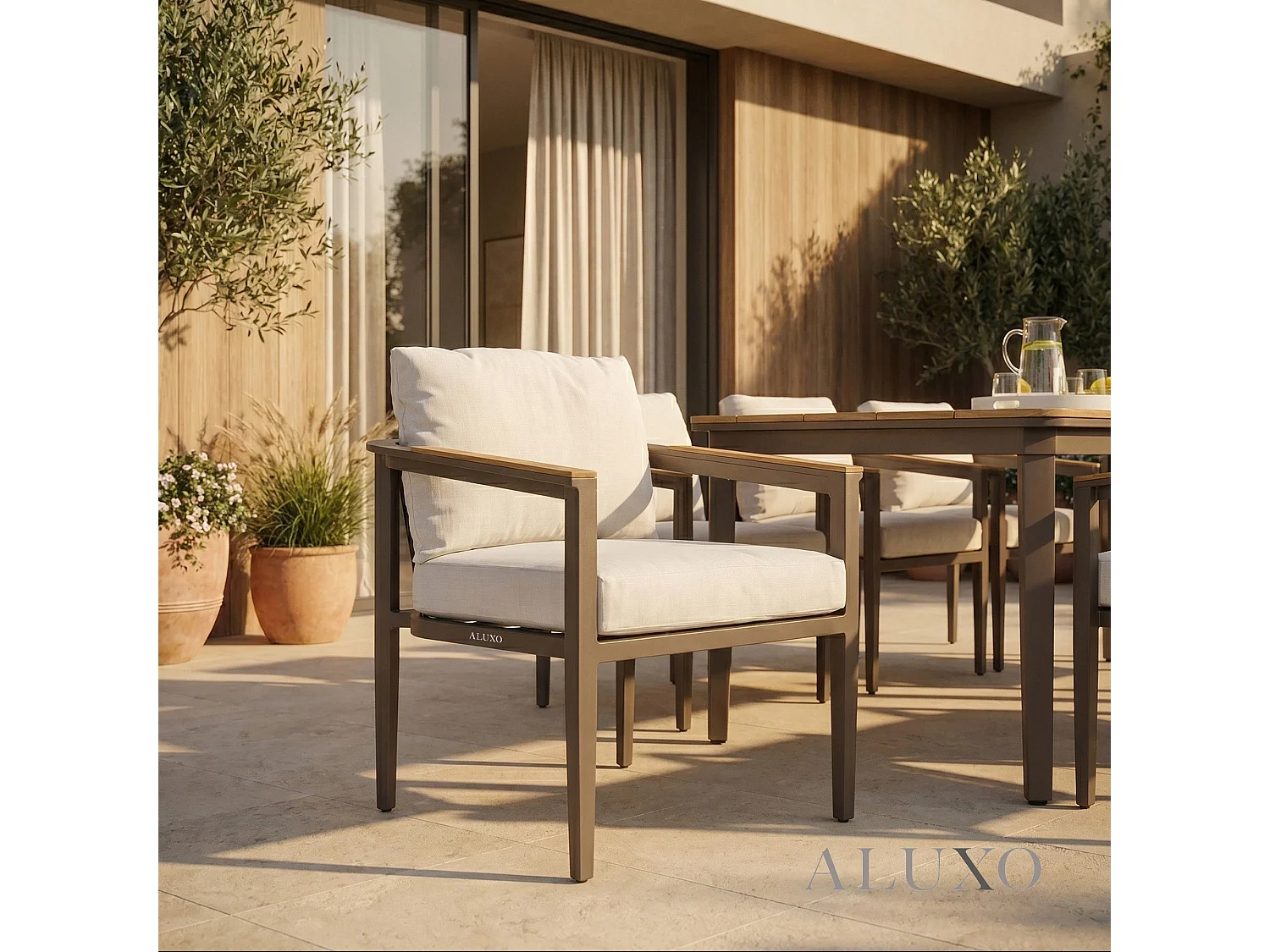 ALUXO Hemera 6-Seater Luxury Dining Set - Truffle Aluminium & PS Wood Slat Table