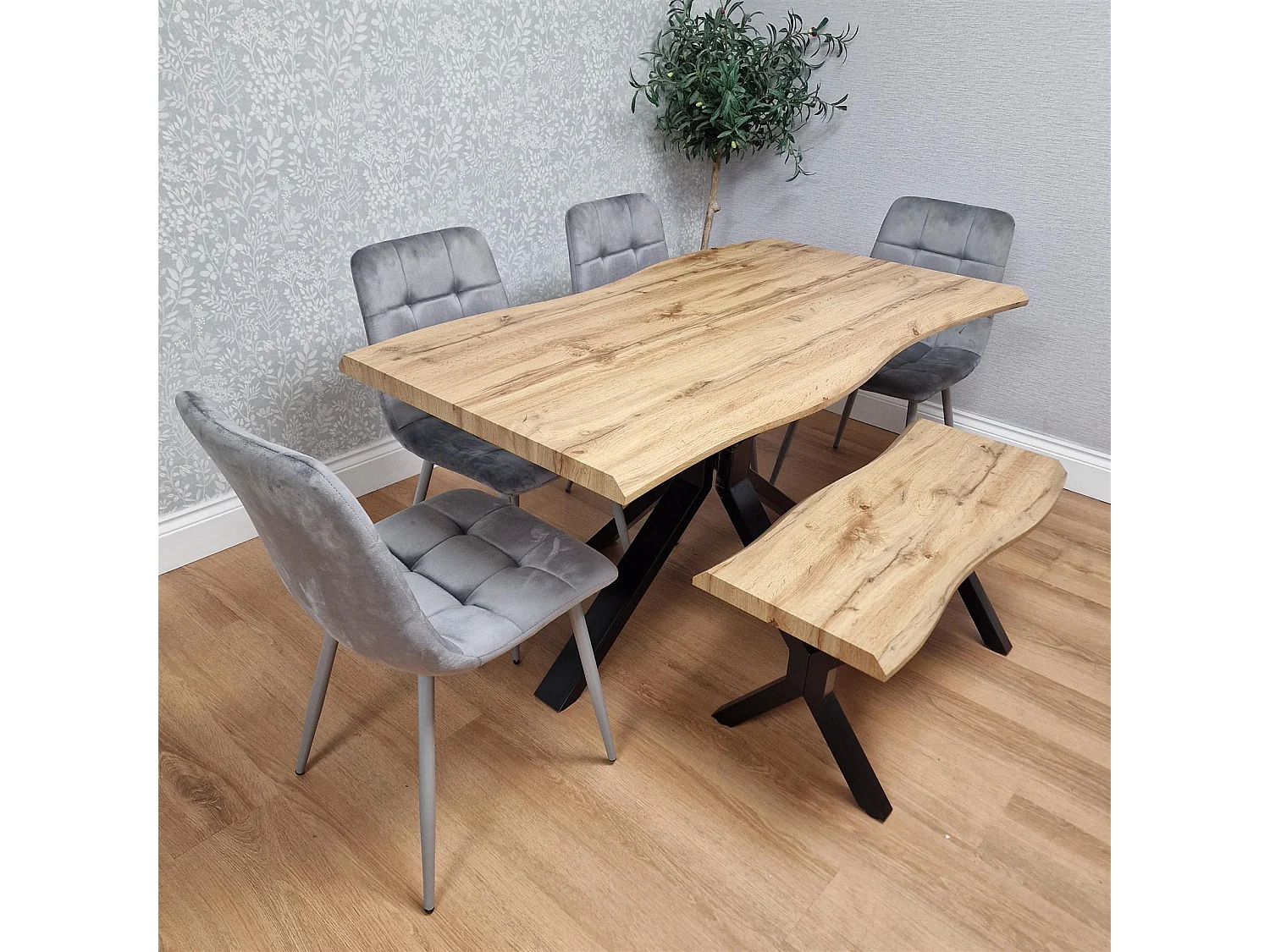Kosy Koala Dining Set with Bench and 4 Grey Velvet Chairs Stylish Dining Room Furniture Set