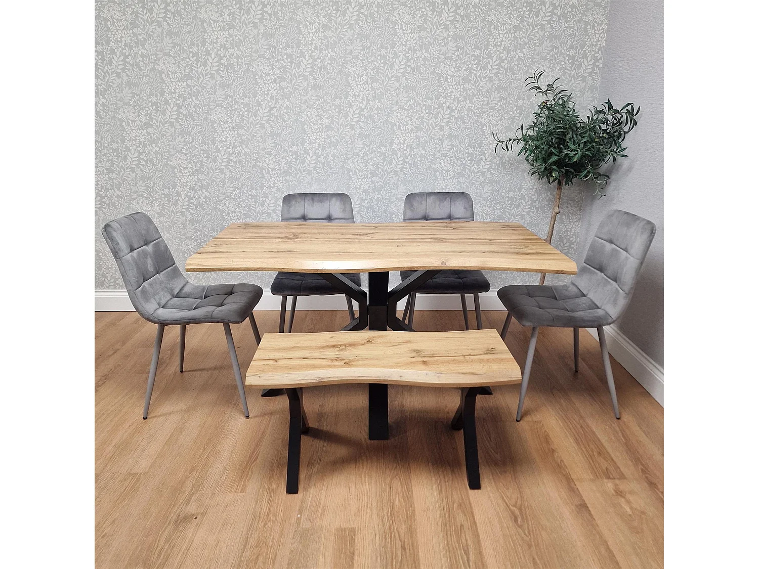 Kosy Koala Dining Set with Bench and 4 Grey Velvet Chairs Stylish Dining Room Furniture Set